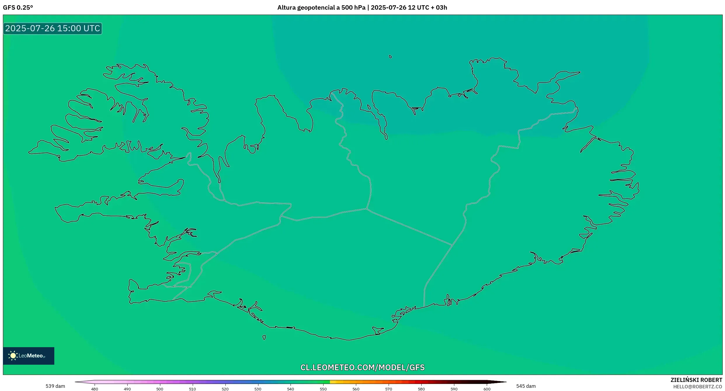 GFS model - Islandia, Altura geopotencial a 500 hPa