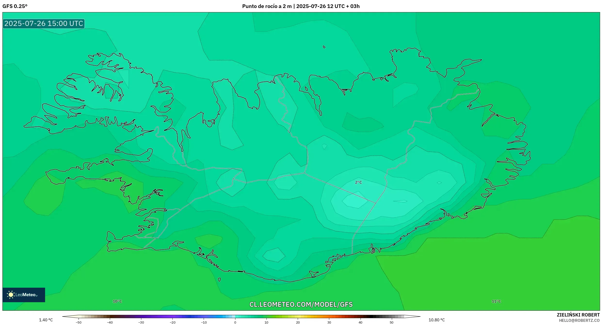 GFS model - Islandia, Punto de rocío a 2 m