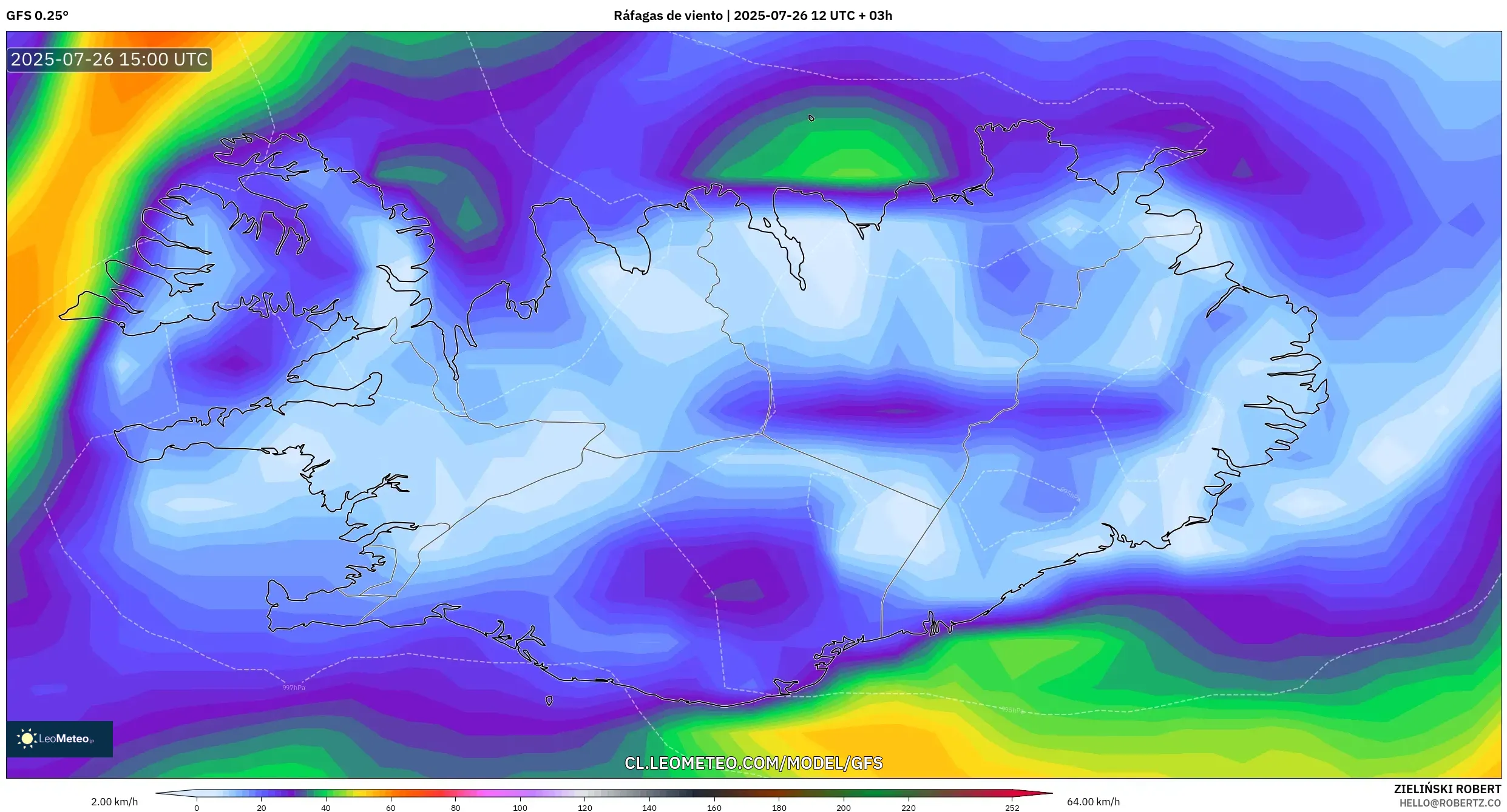 GFS model - Islandia, Ráfagas de viento