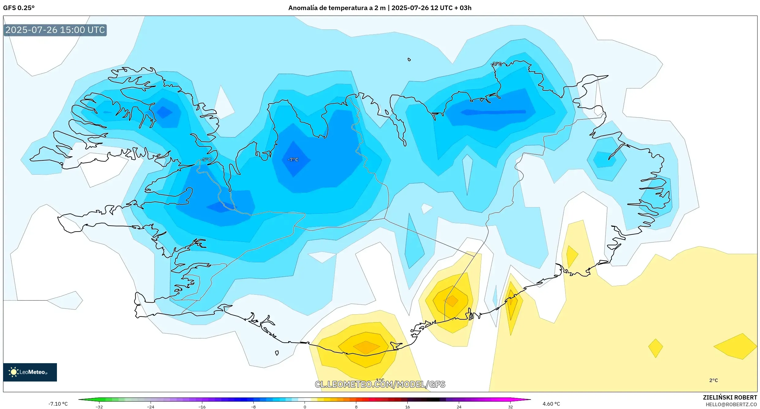 GFS model - Islandia, Anomalía de temperatura a 2 m GFS model - Islandia, Anomalía de temperatura a 2 m