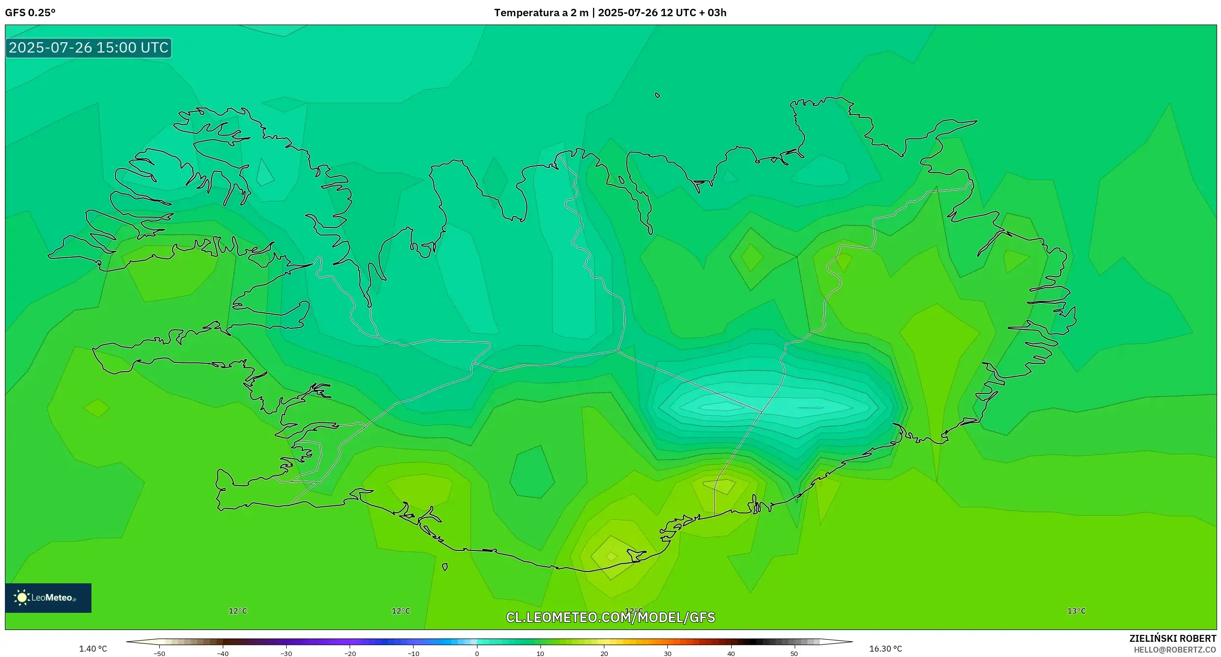 GFS model - Islandia, Temperatura a 2 m GFS model - Islandia, Temperatura a 2 m