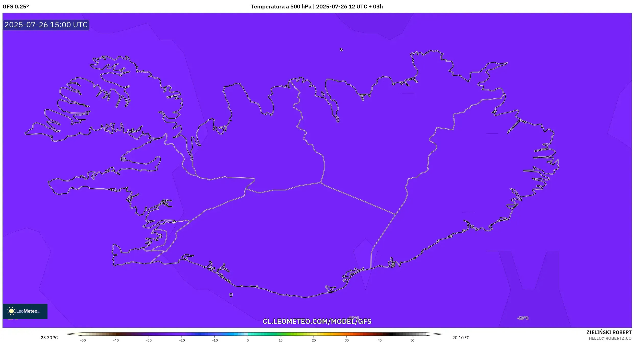 GFS model - Islandia, Temperatura a 500 hPa
