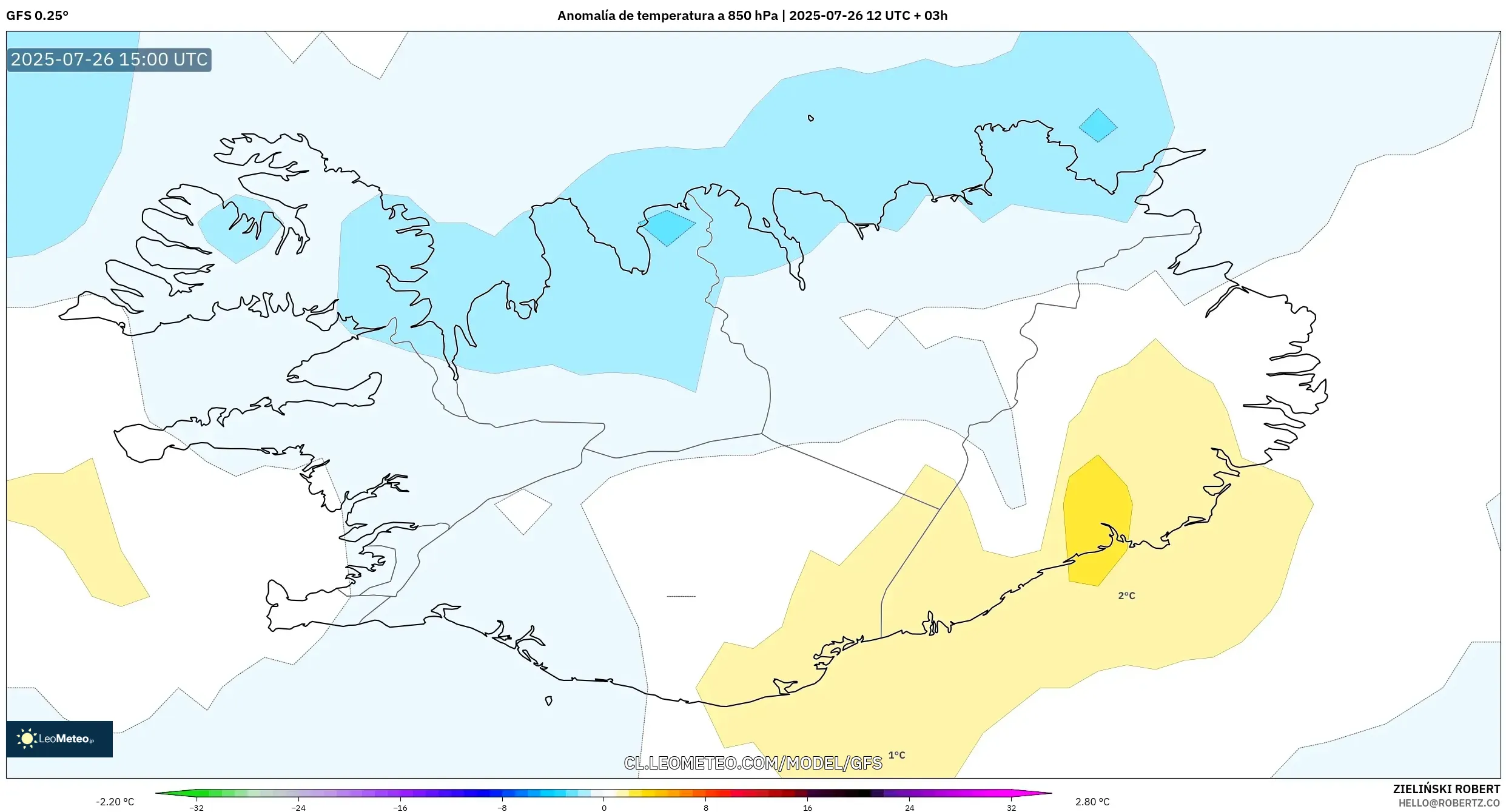 GFS model - Islandia, Anomalía de temperatura a 850 hPa