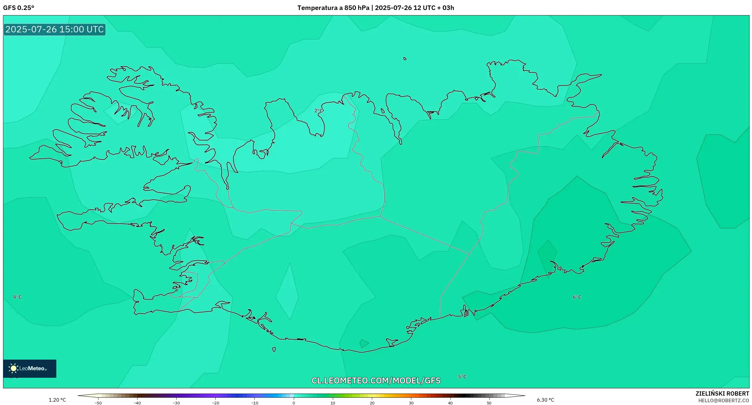 GFS model - Islandia, Temperatura a 850 hPa