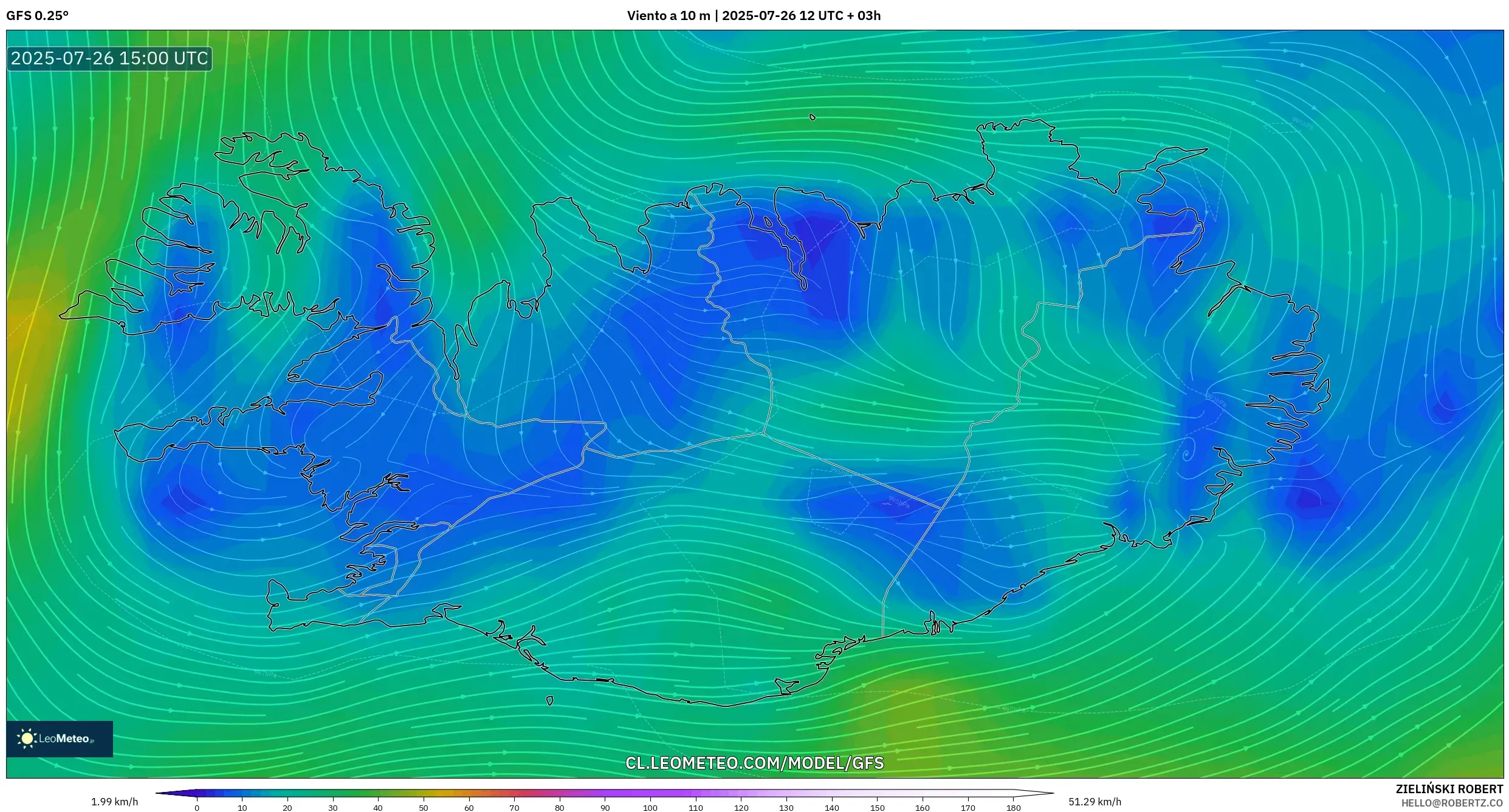 GFS model - Islandia, Viento a 10 m GFS model - Islandia, Viento a 10 m