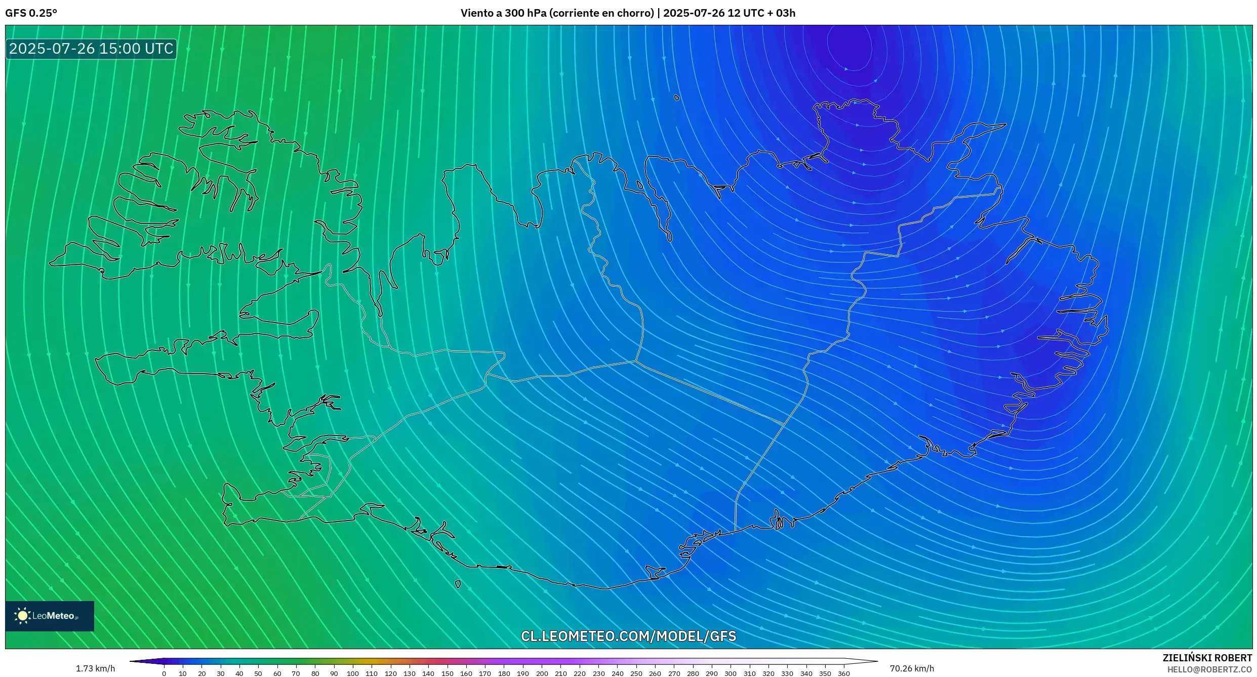 GFS model - Islandia, Viento a 300 hPa (corriente en chorro)