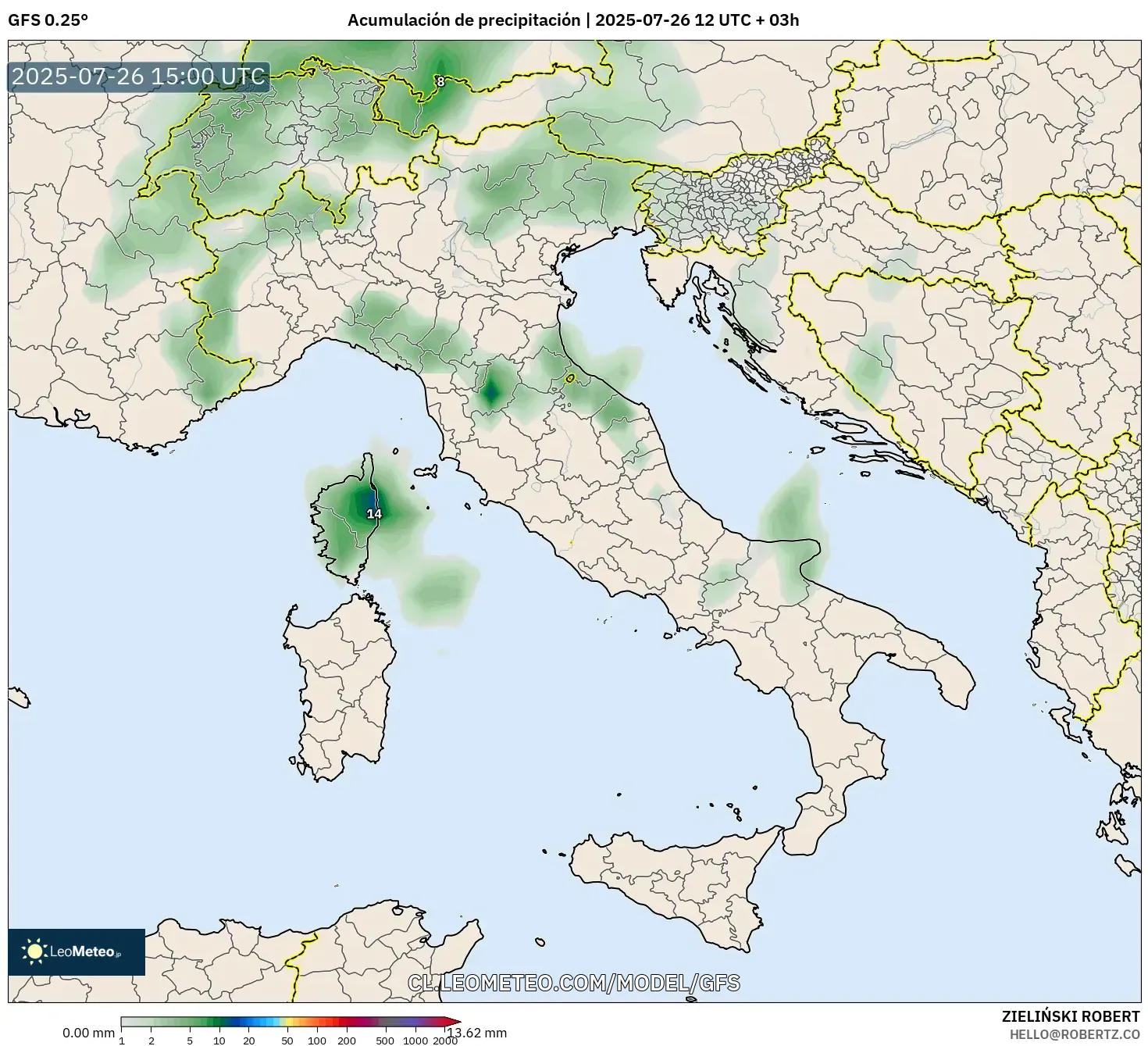 GFS model - Italia, Acumulación de precipitación