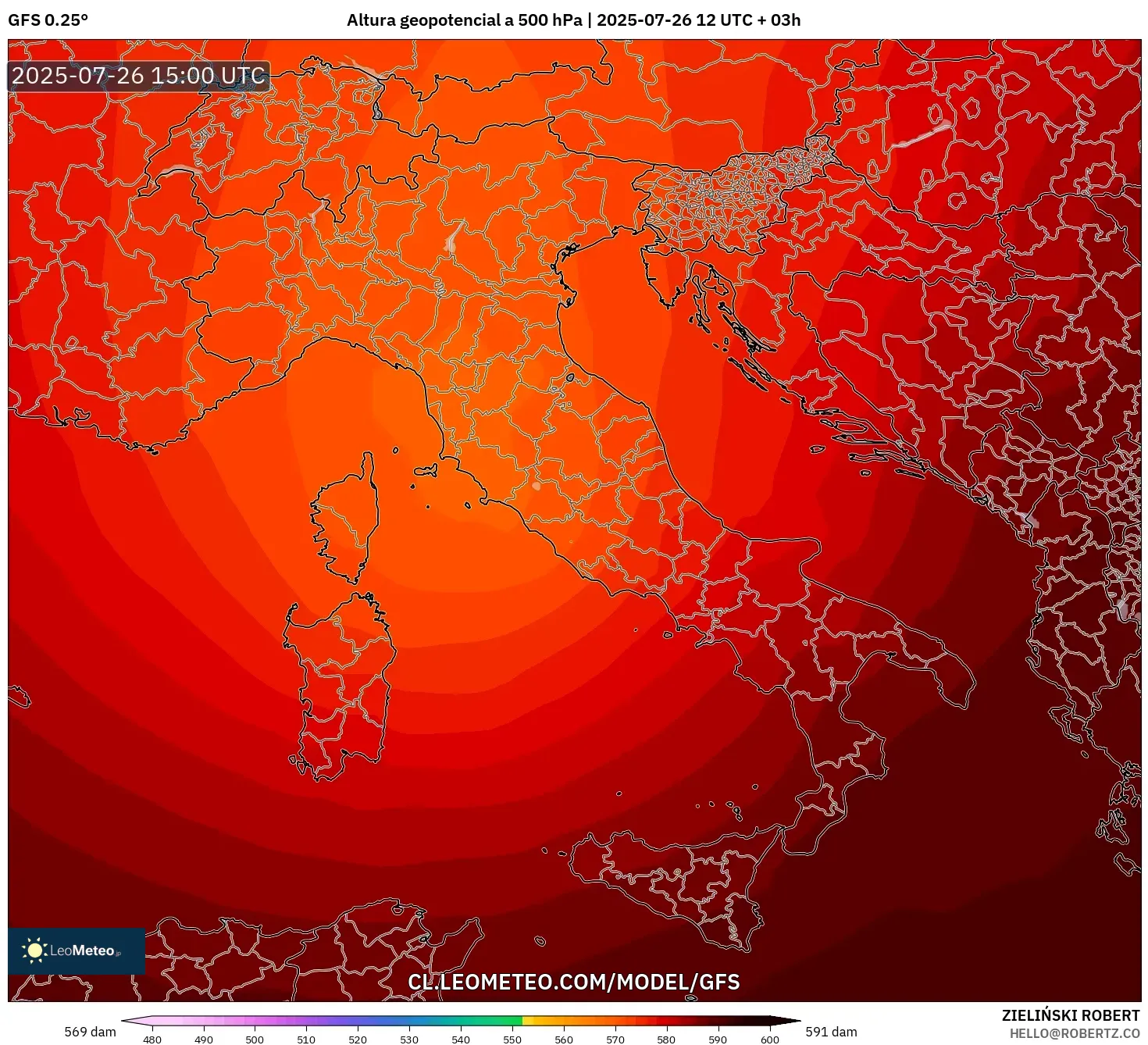 GFS model - Italia, Altura geopotencial a 500 hPa