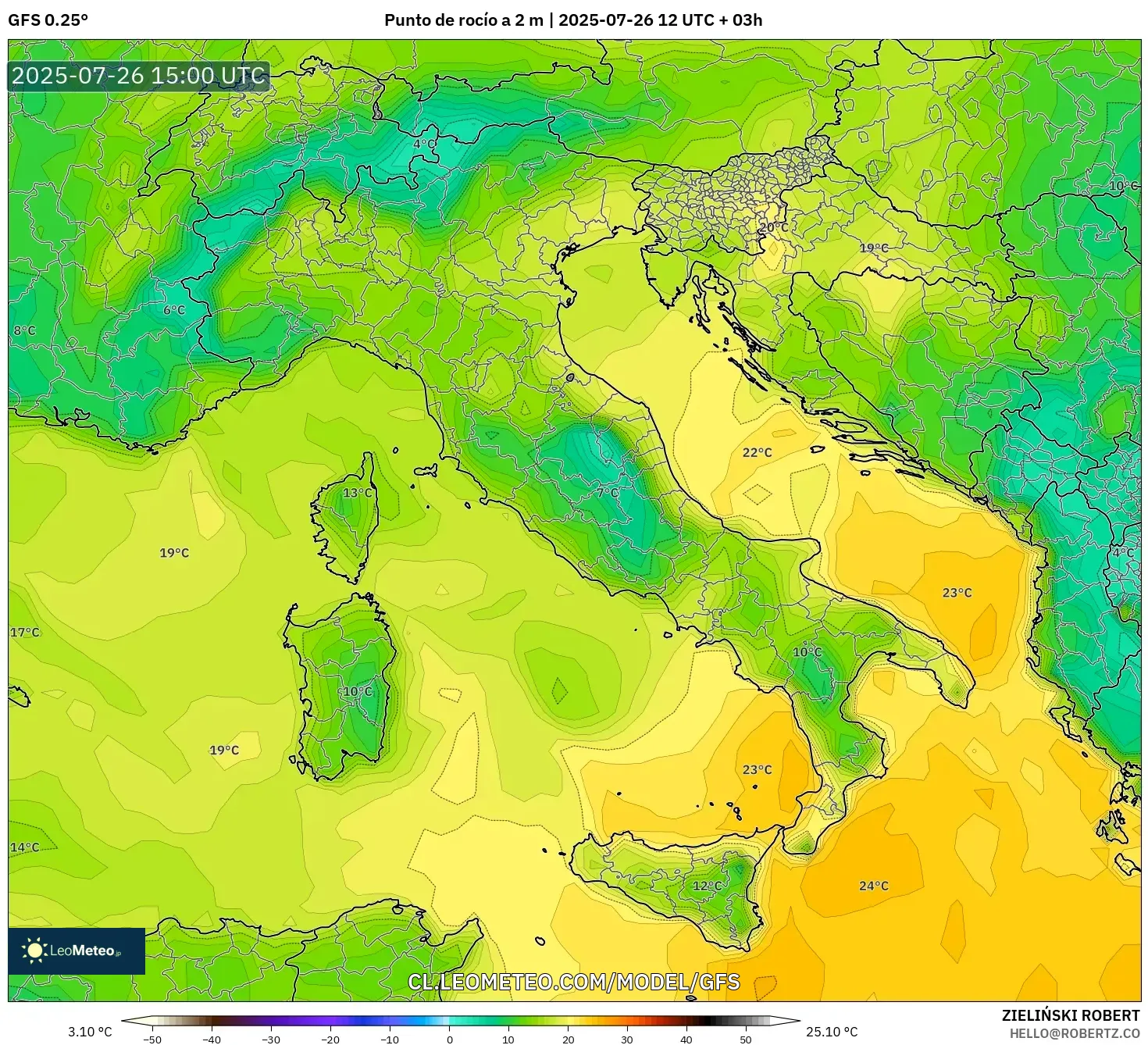 GFS model - Italia, Punto de rocío a 2 m