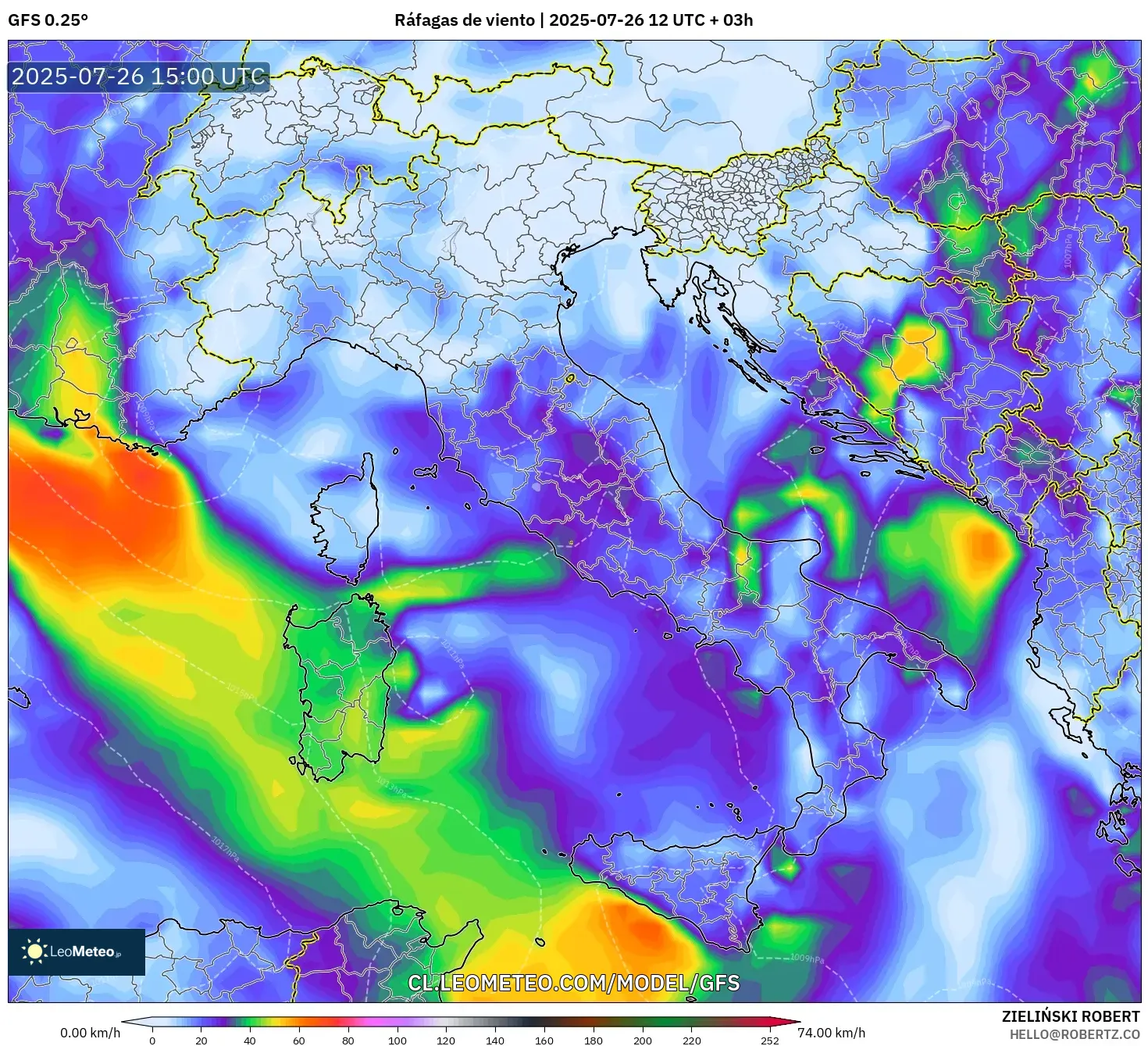 GFS model - Italia, Ráfagas de viento