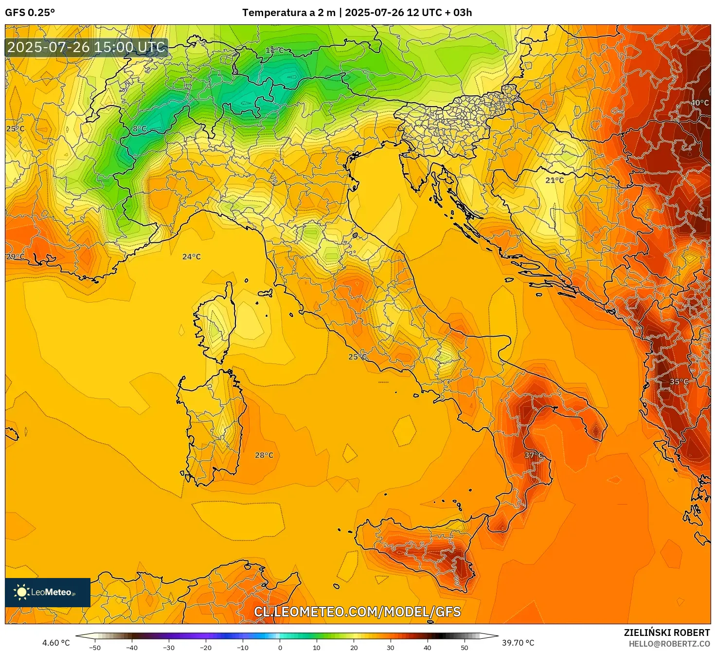 GFS model - Italia, Temperatura a 2 m