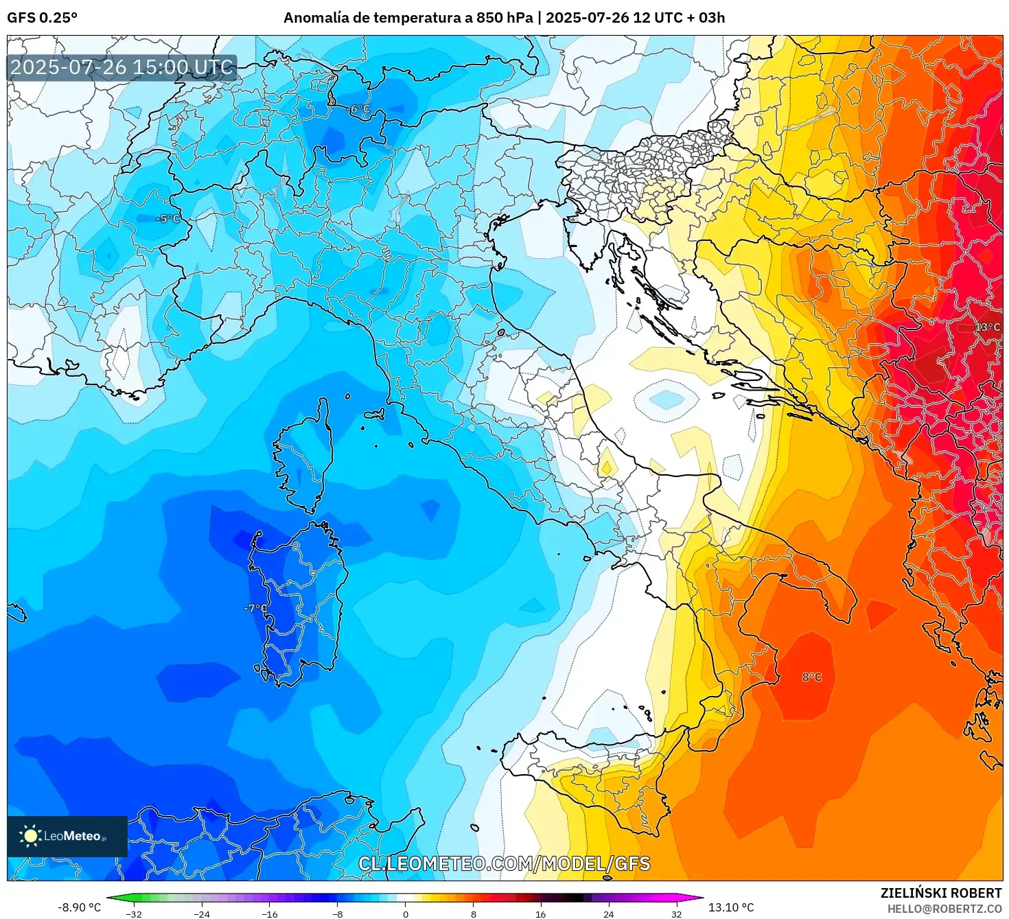 GFS model - Italia, Anomalía de temperatura a 850 hPa