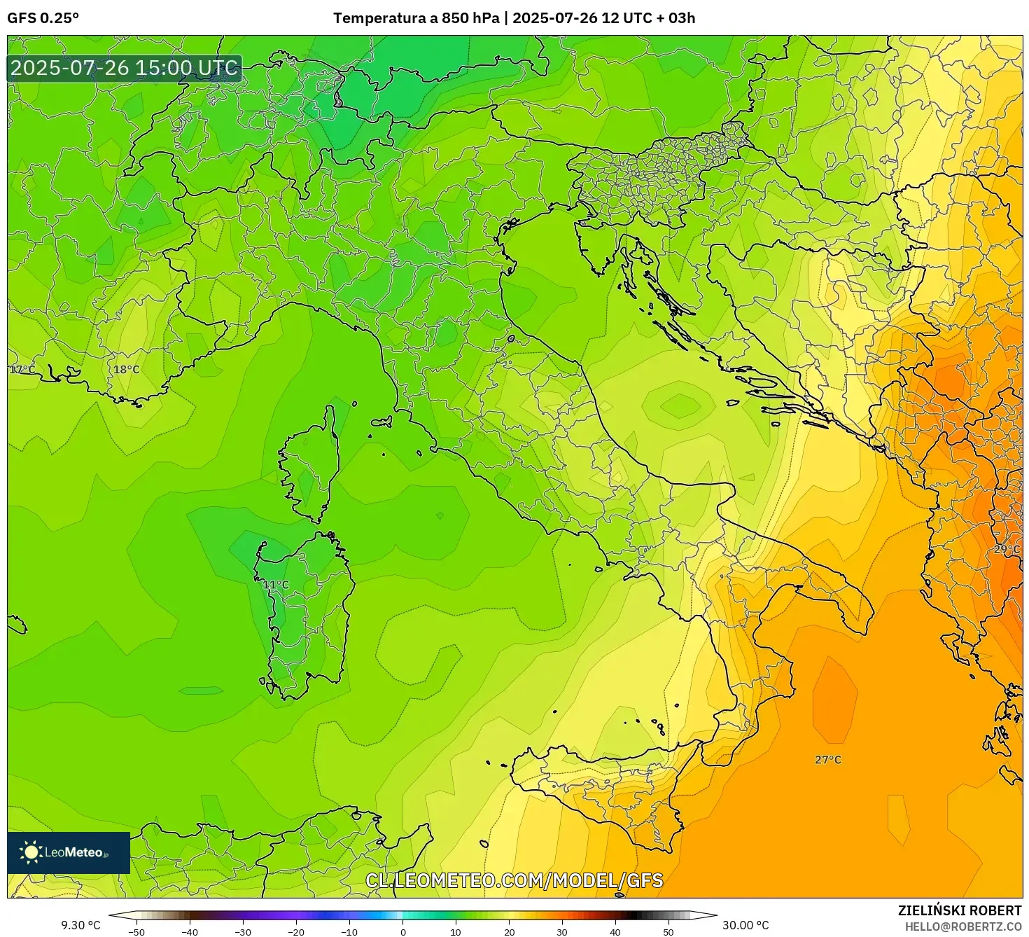 GFS model - Italia, Temperatura a 850 hPa