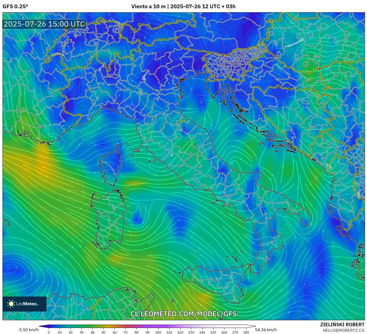 GFS model - Italia, Viento a 10 m