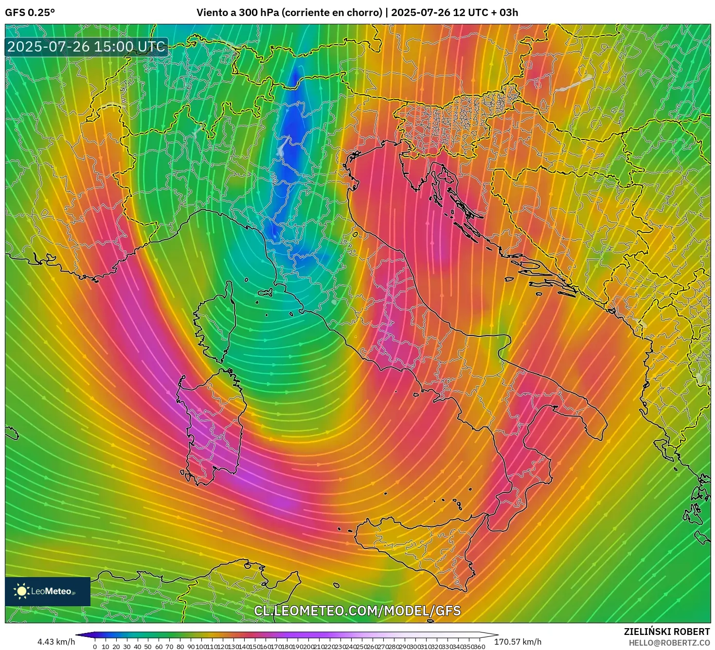 GFS model - Italia, Viento a 300 hPa (corriente en chorro)