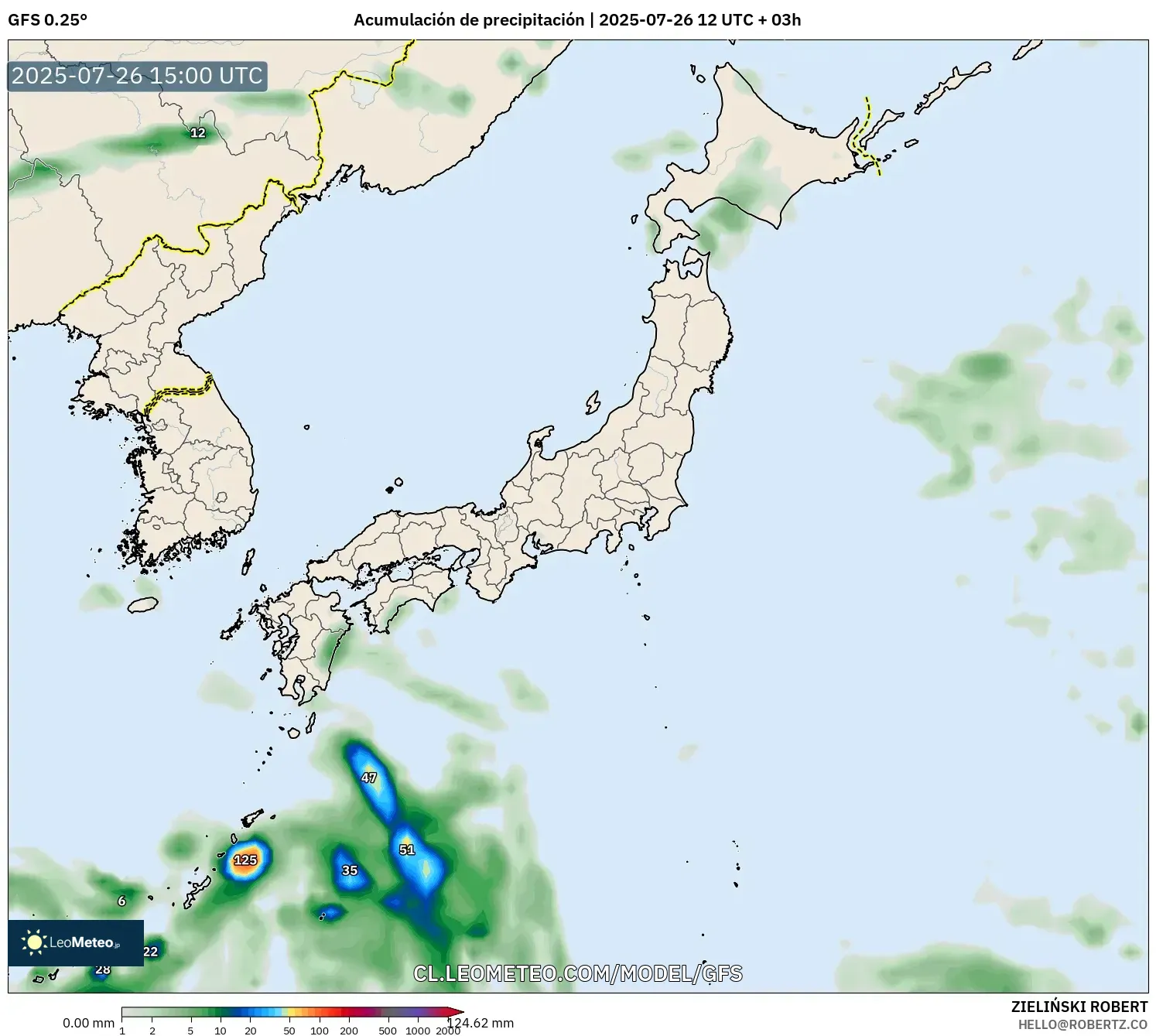 GFS model - Japón, Acumulación de precipitación