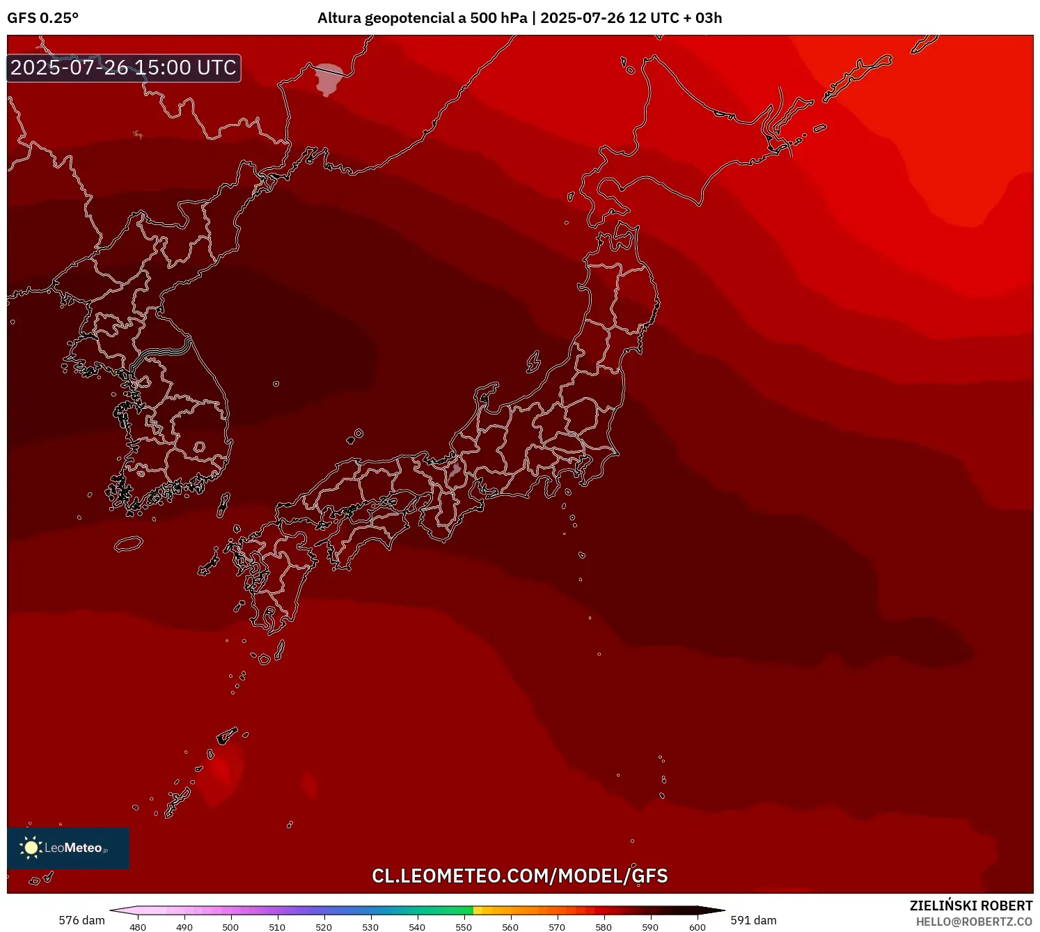 GFS model - Japón, Altura geopotencial a 500 hPa
