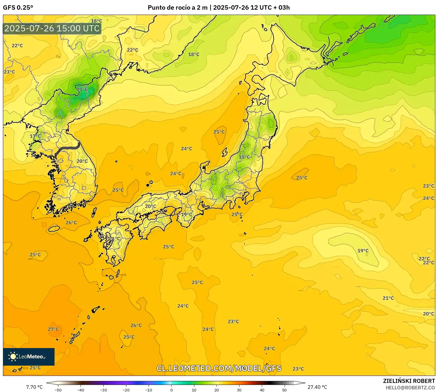 GFS model - Japón, Punto de rocío a 2 m
