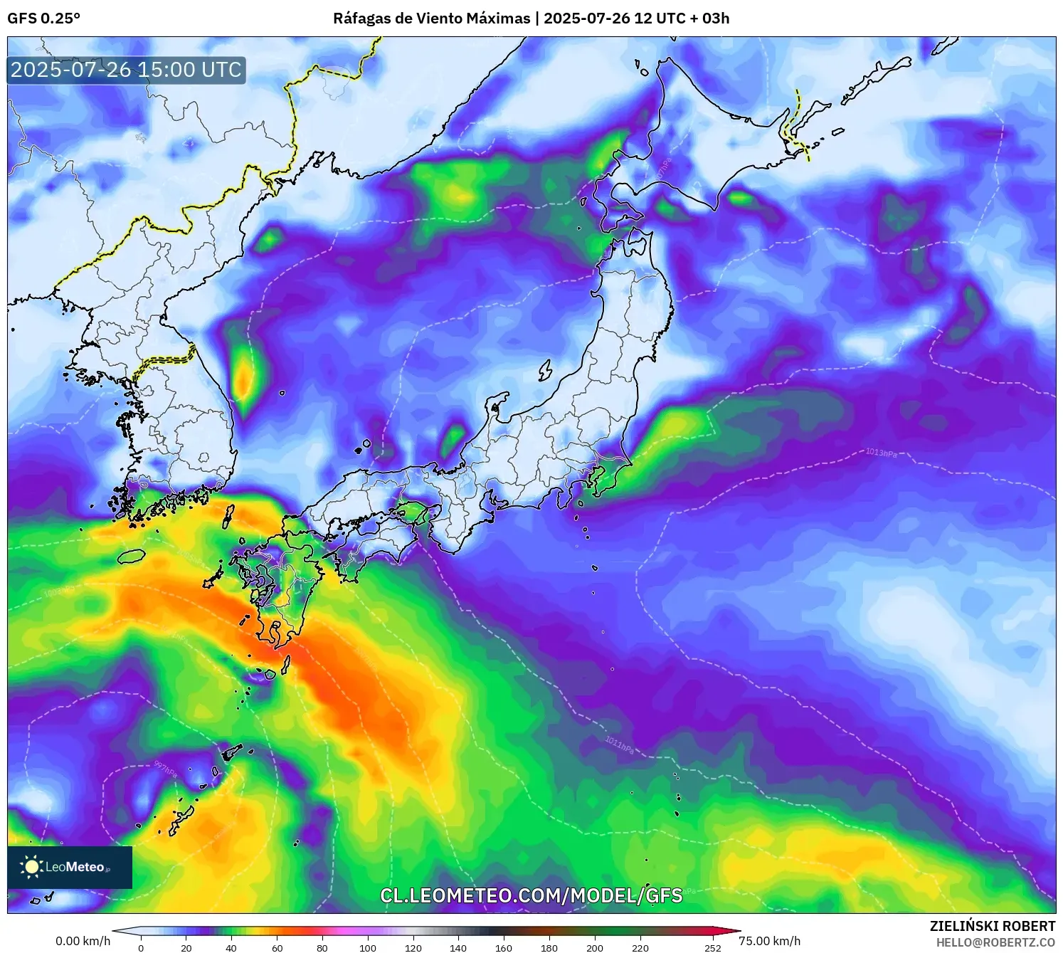 GFS model - Japón, Ráfagas de Viento Máximas