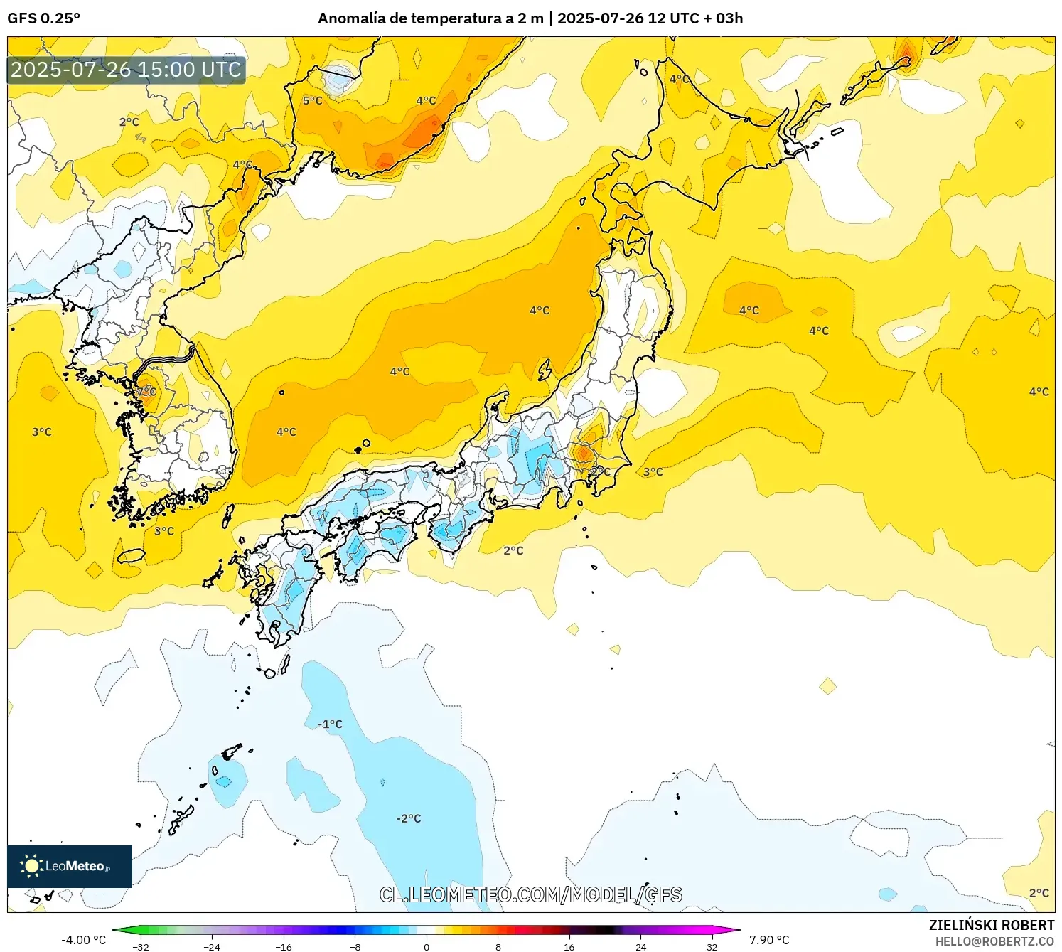 GFS model - Japón, Anomalía de temperatura a 2 m