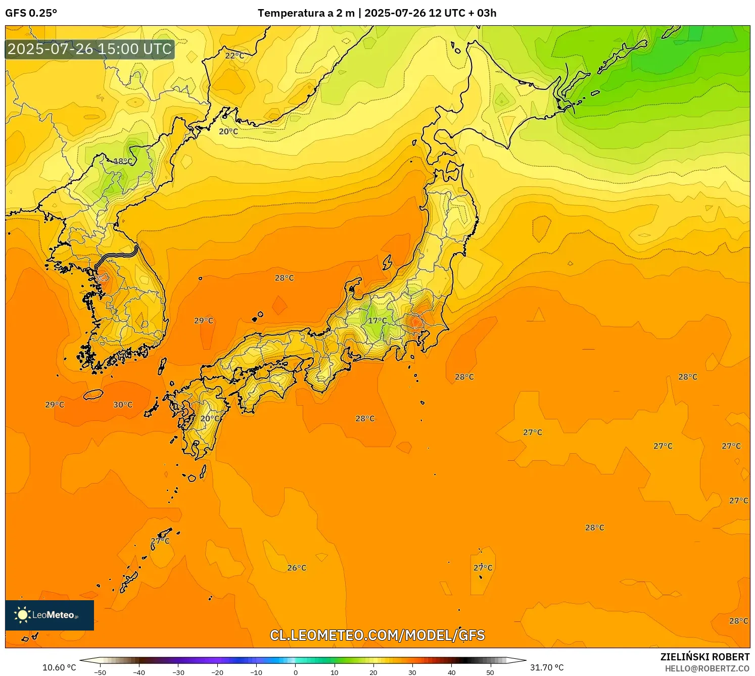 GFS model - Japón, Temperatura a 2 m