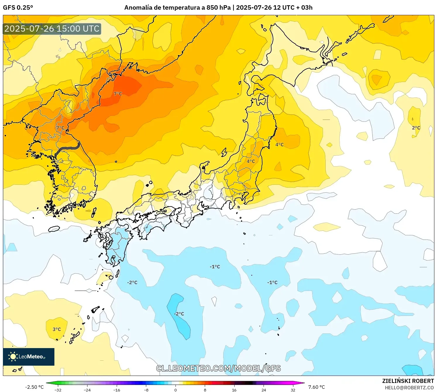 GFS model - Japón, Anomalía de temperatura a 850 hPa
