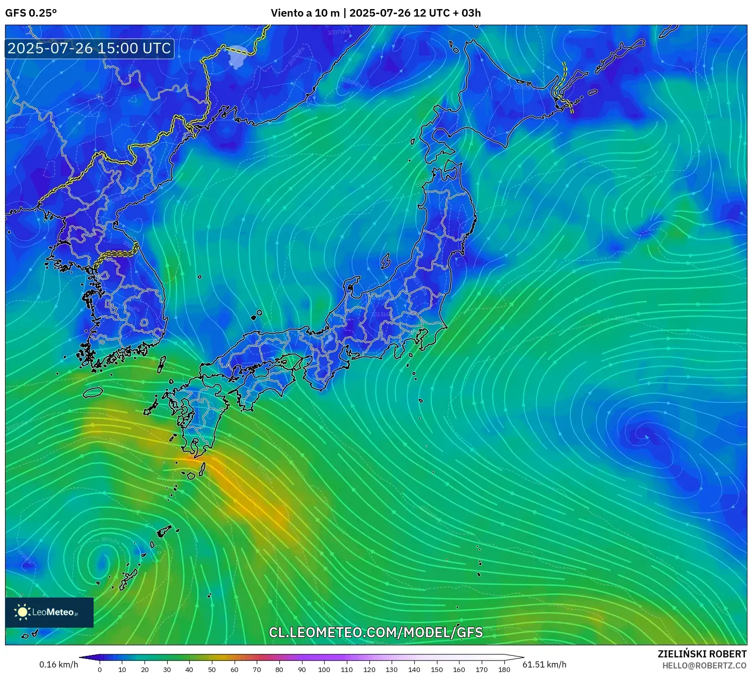 GFS model - Japón, Viento a 10 m