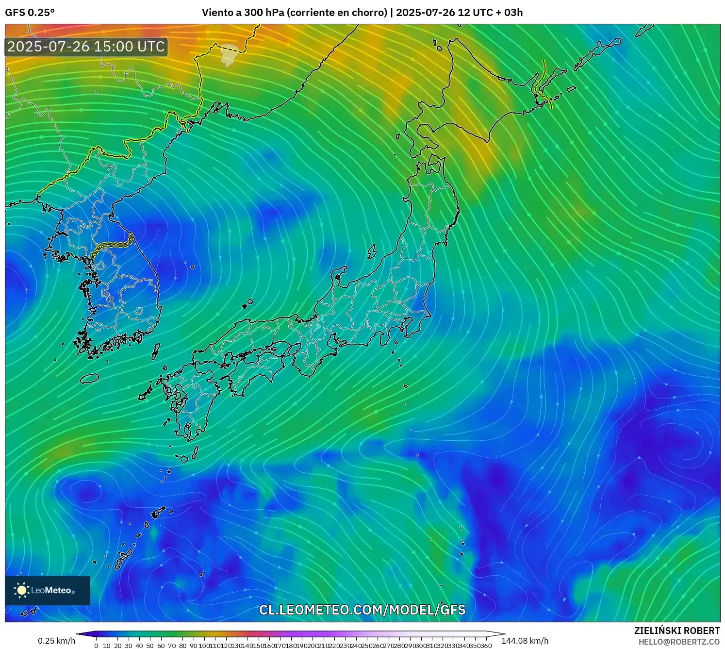 GFS model - Japón, Viento a 300 hPa (corriente en chorro)