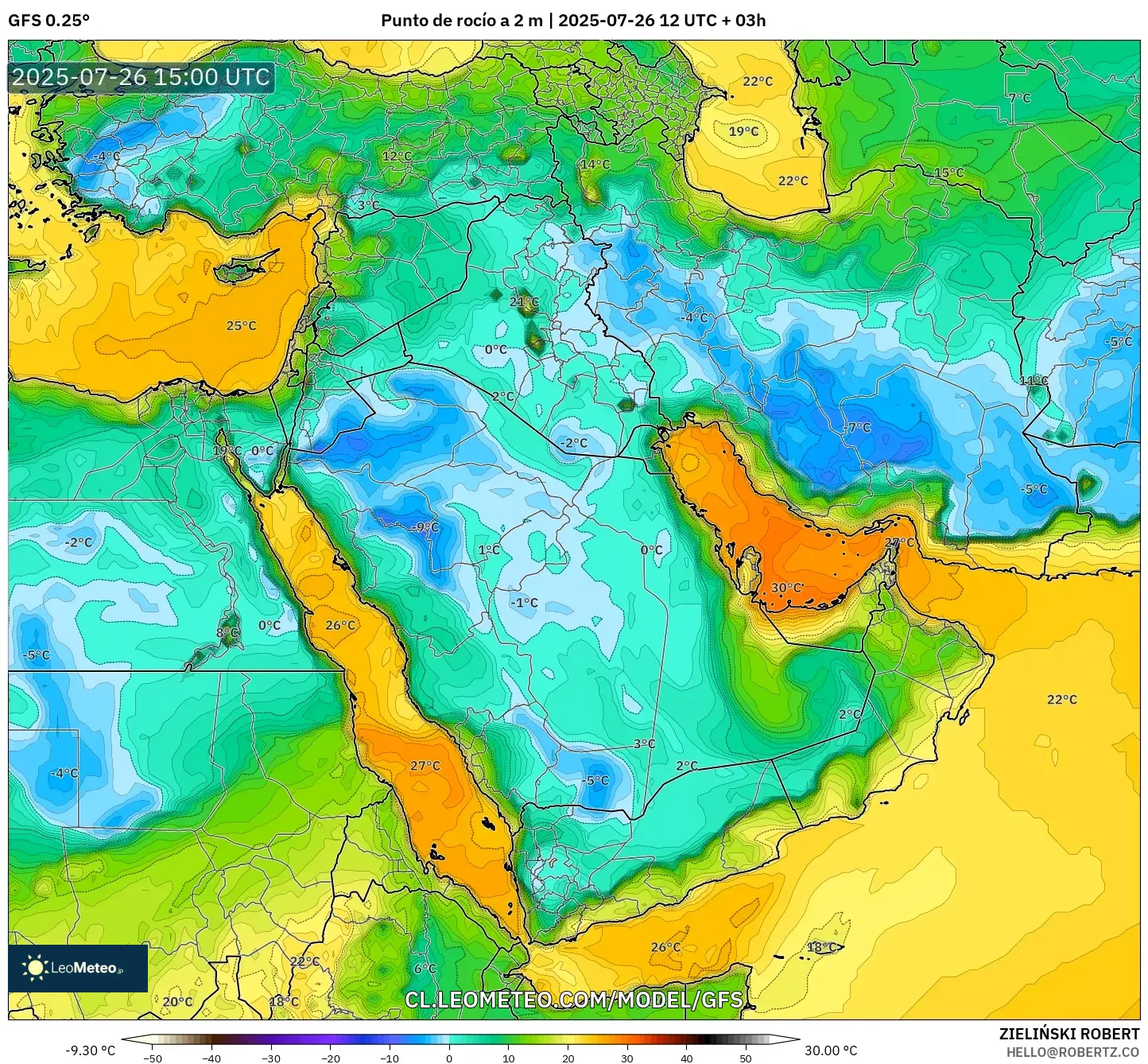 GFS model - Oriente Medio, Punto de rocío a 2 m