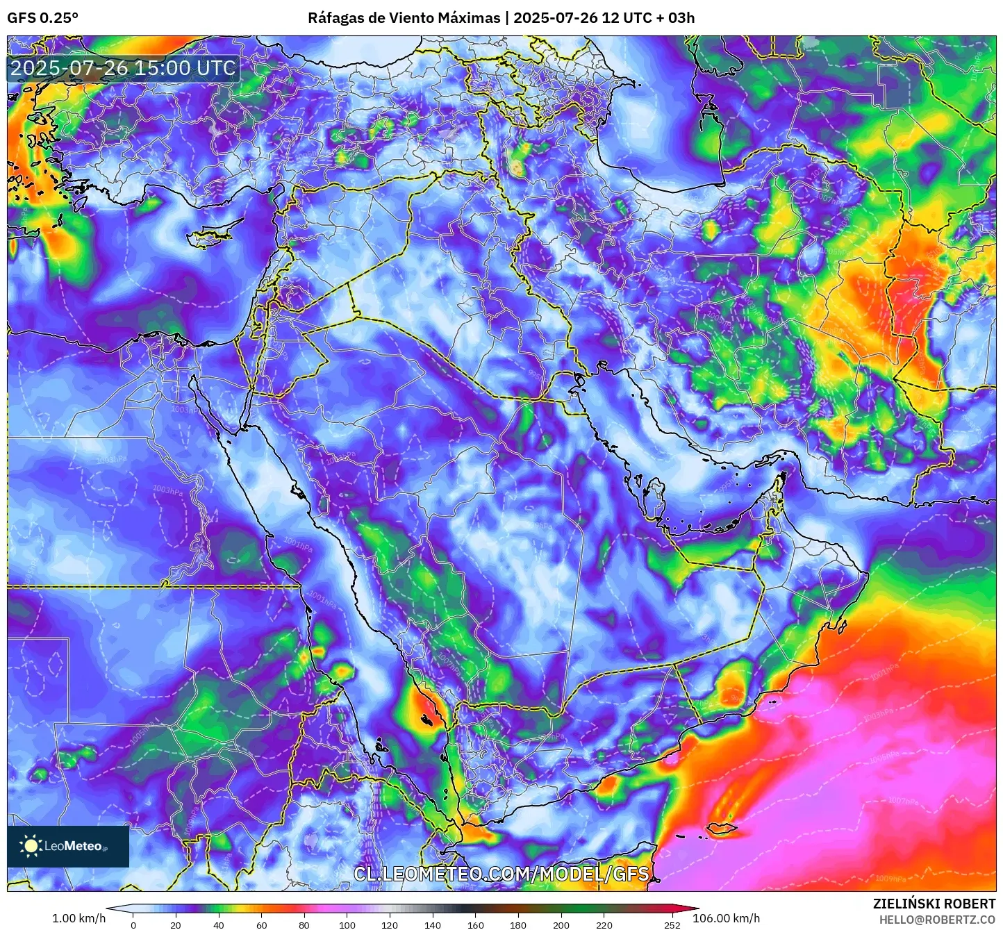 GFS model - Oriente Medio, Ráfagas de Viento Máximas
