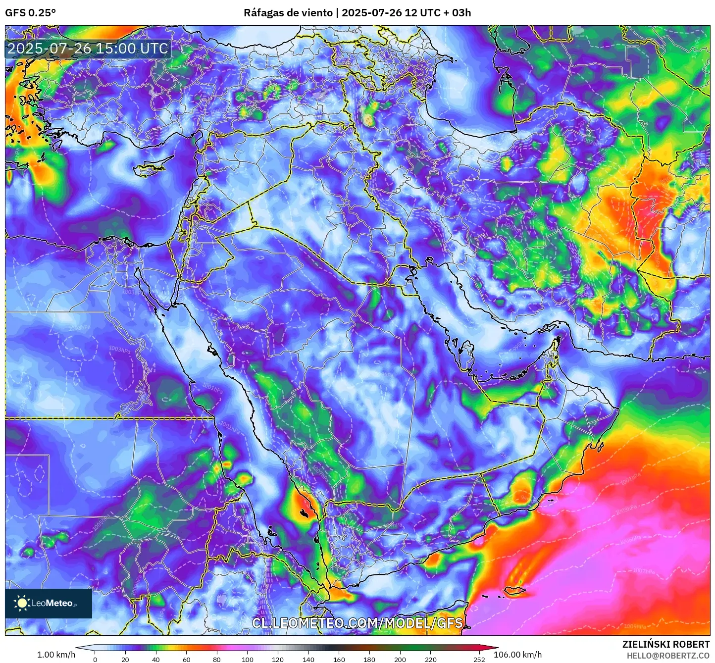 GFS model - Oriente Medio, Ráfagas de viento