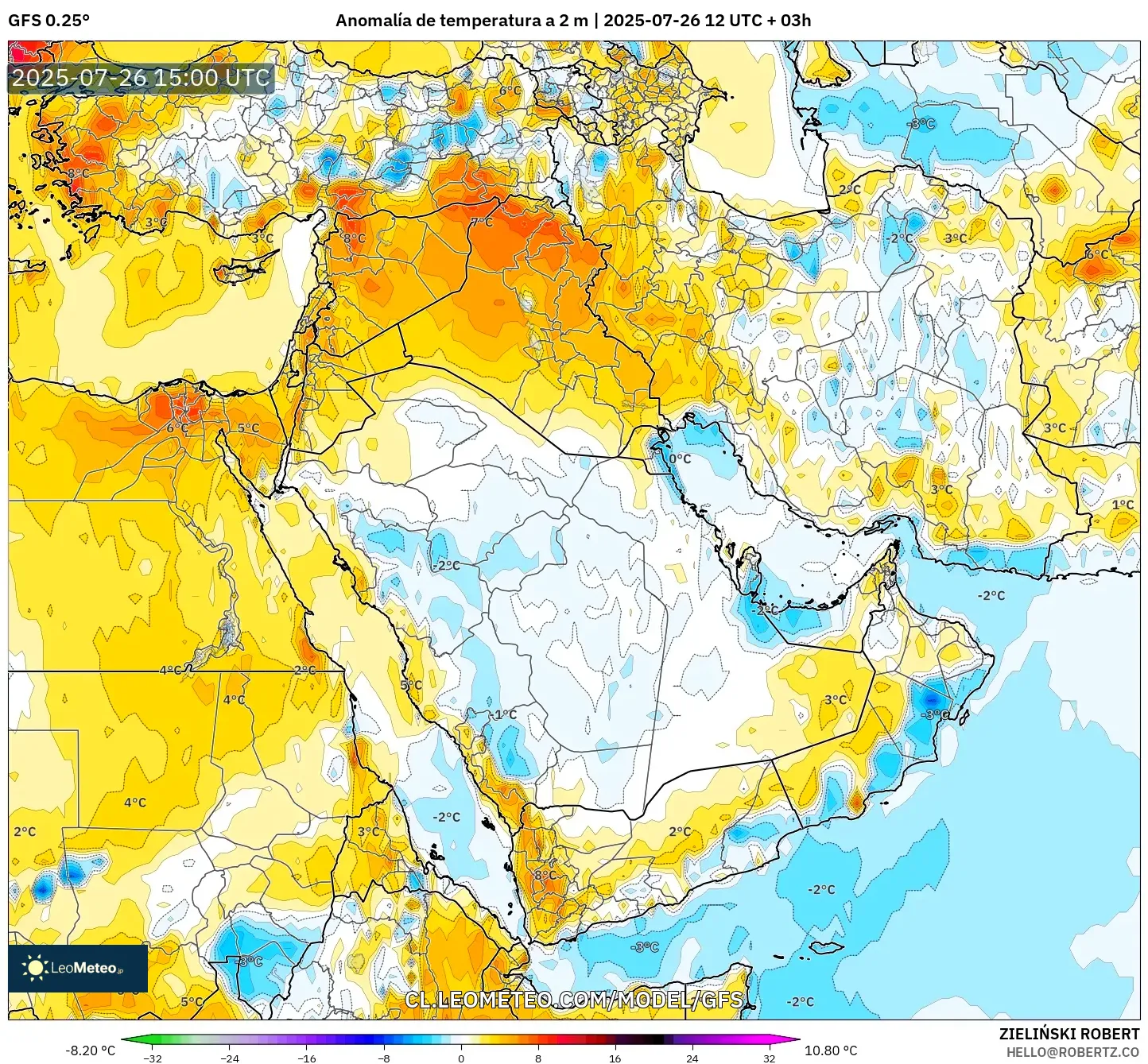 GFS model - Oriente Medio, Anomalía de temperatura a 2 m