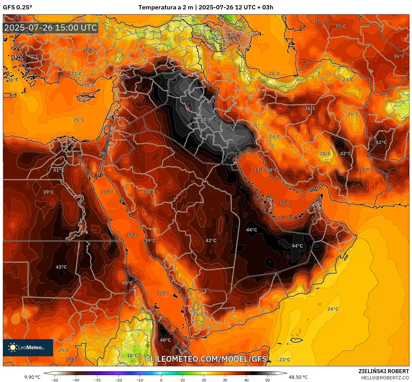 GFS model - Oriente Medio, Temperatura a 2 m