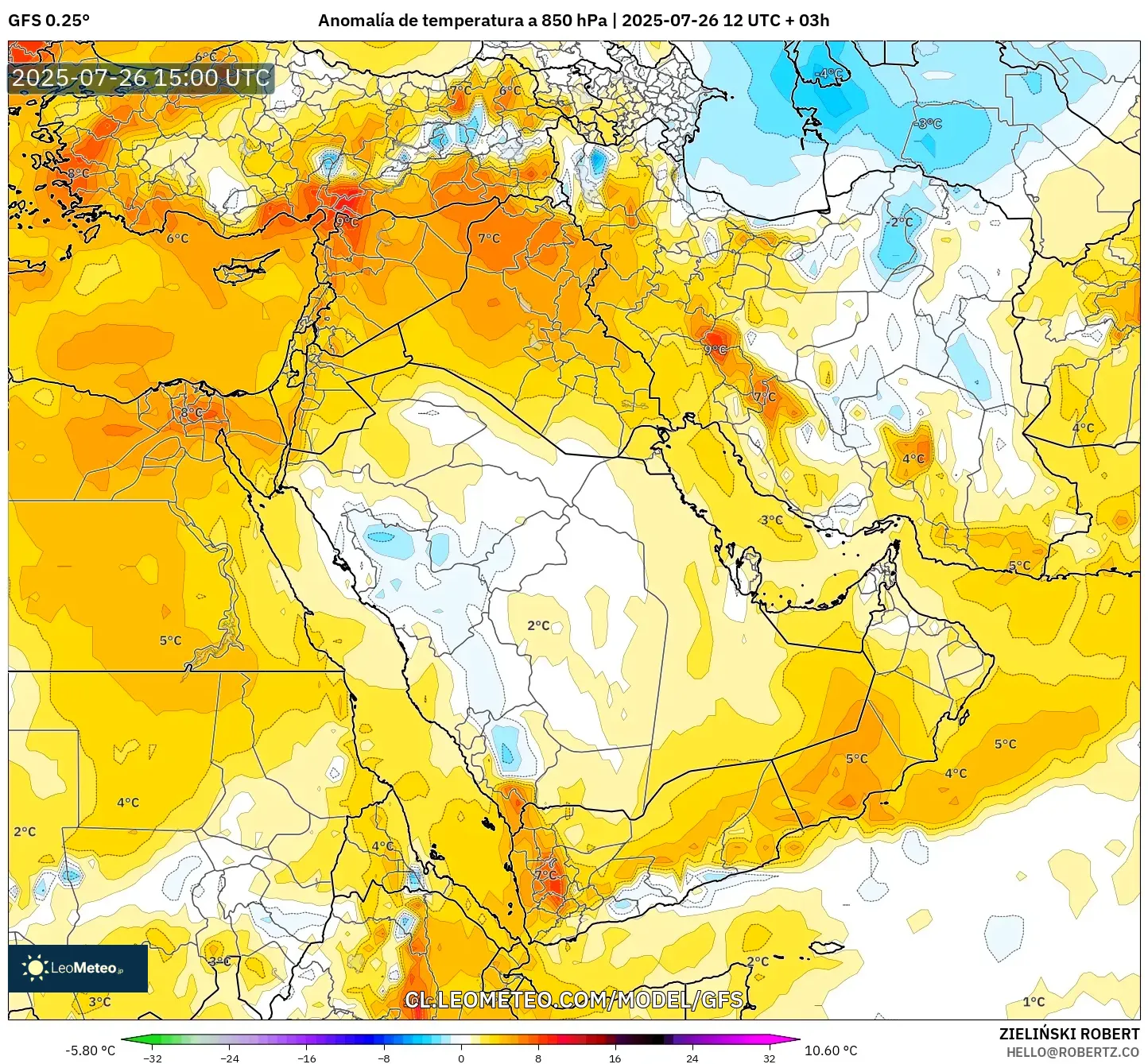 GFS model - Oriente Medio, Anomalía de temperatura a 850 hPa