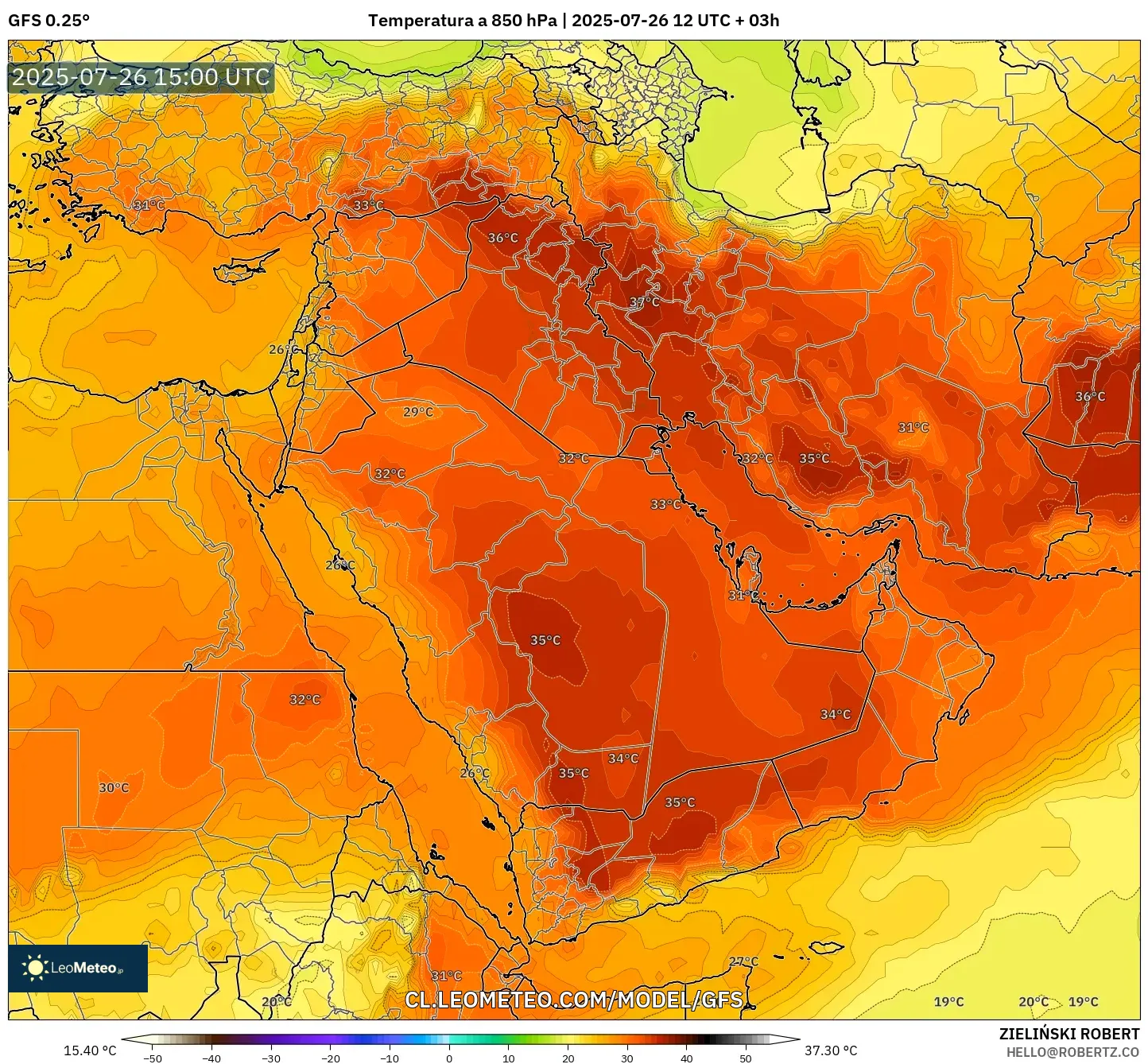 GFS model - Oriente Medio, Temperatura a 850 hPa