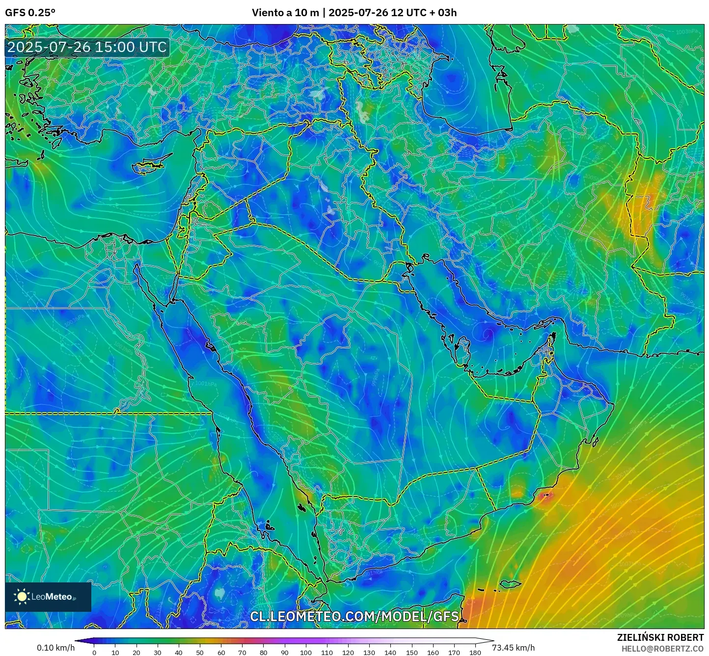 GFS model - Oriente Medio, Viento a 10 m