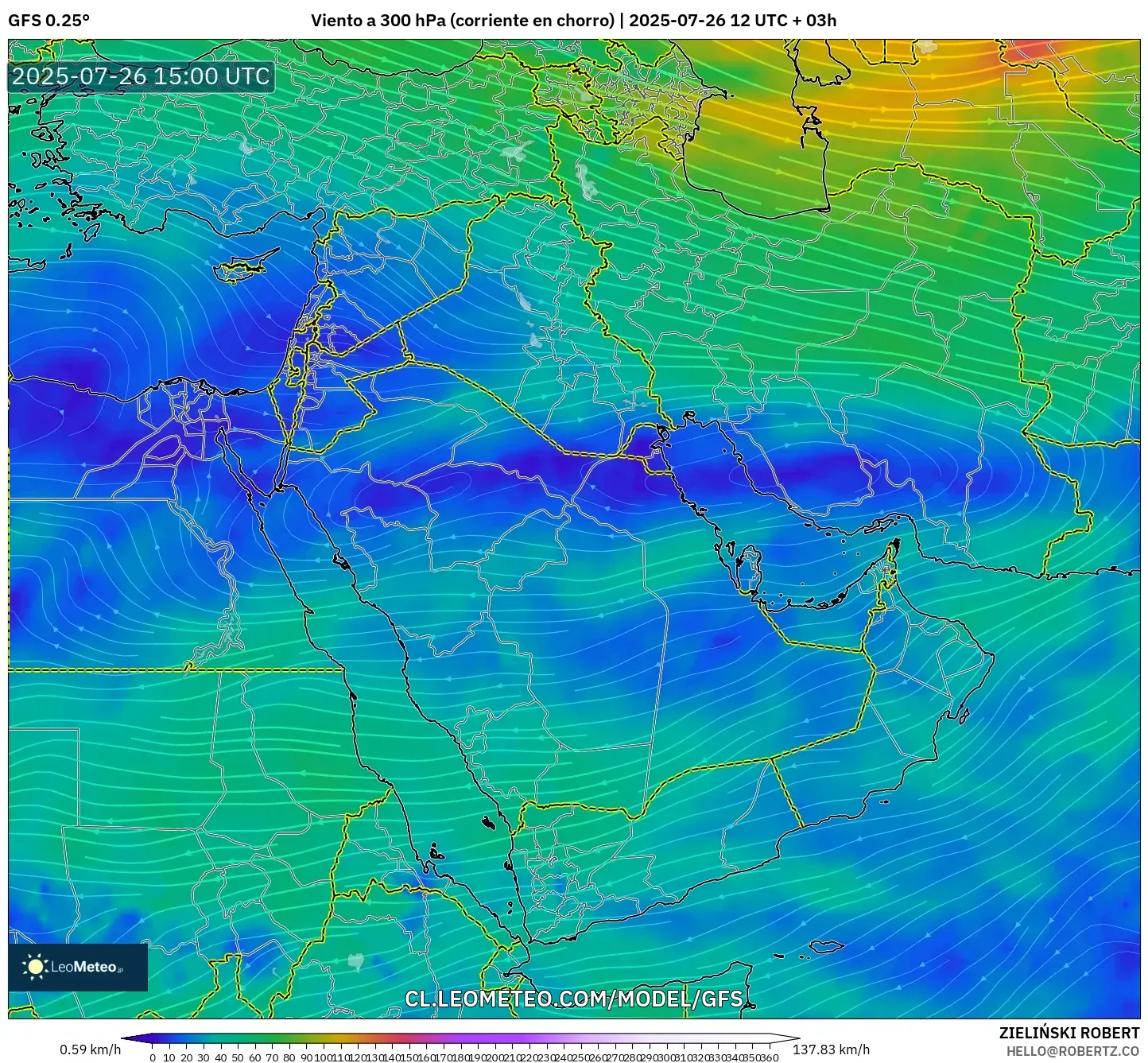GFS model - Oriente Medio, Viento a 300 hPa (corriente en chorro)