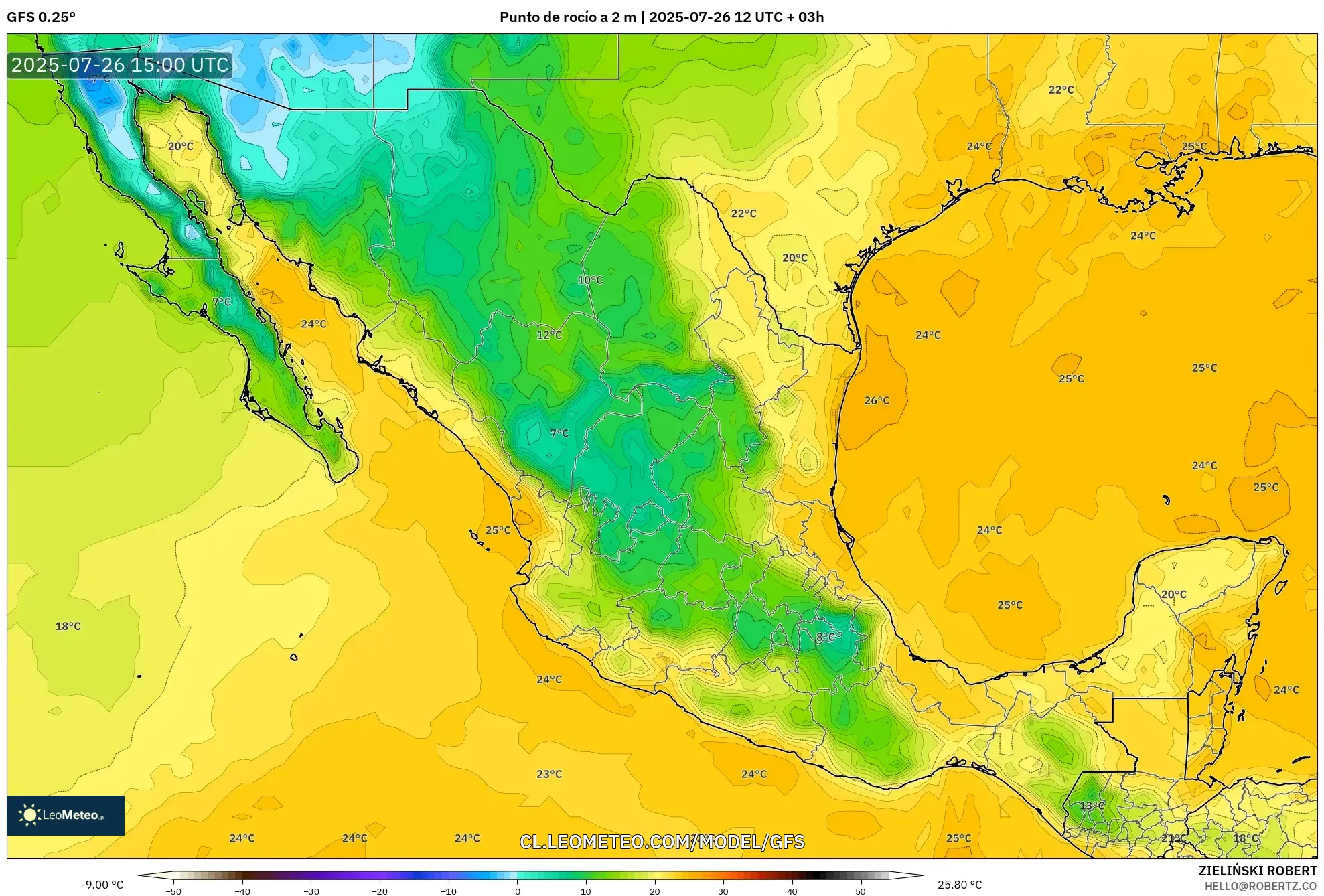 GFS model - México, Punto de rocío a 2 m