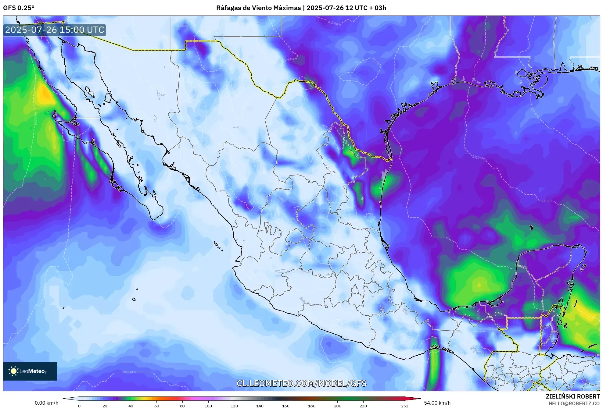 GFS model - México, Ráfagas de Viento Máximas