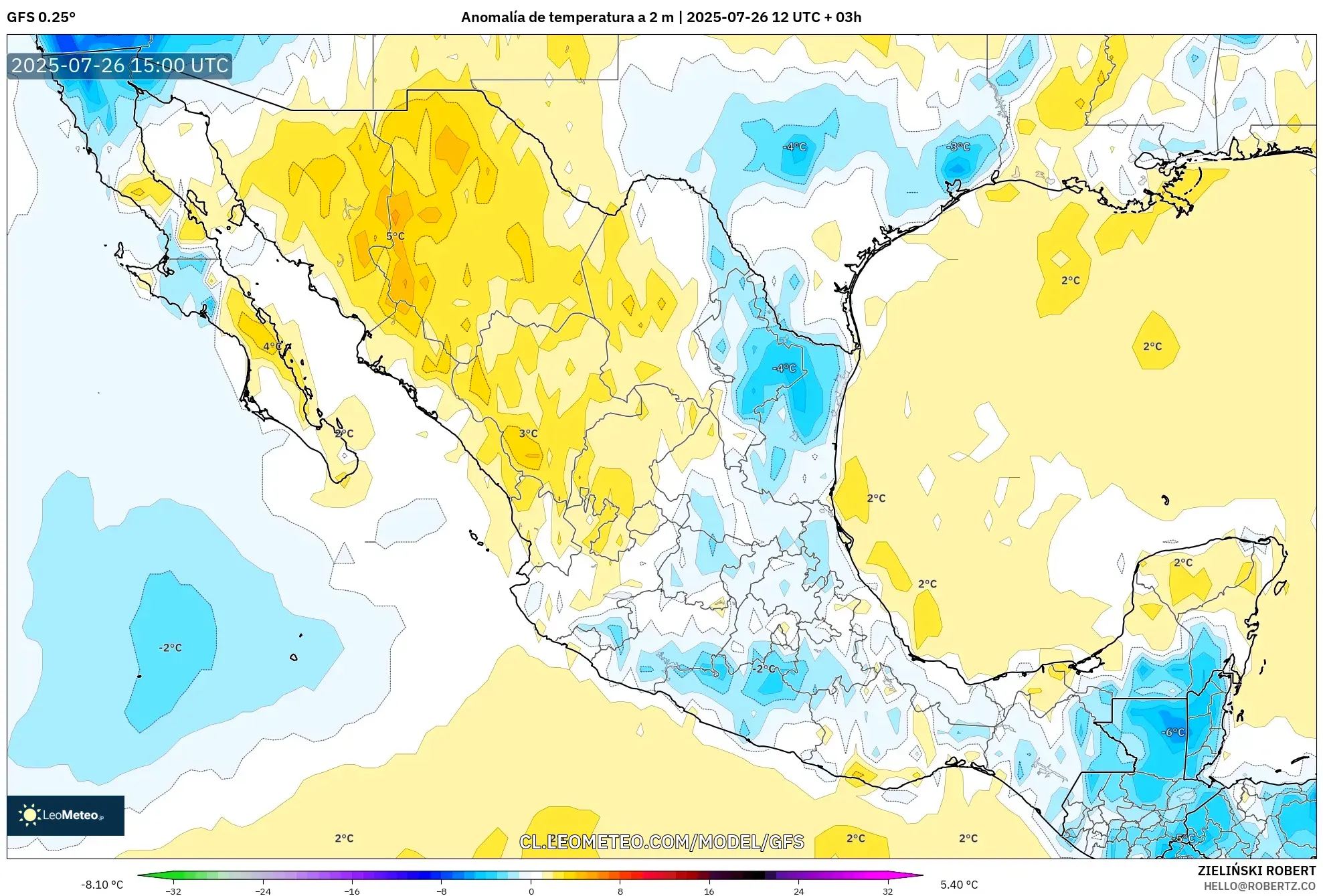 GFS model - México, Anomalía de temperatura a 2 m
