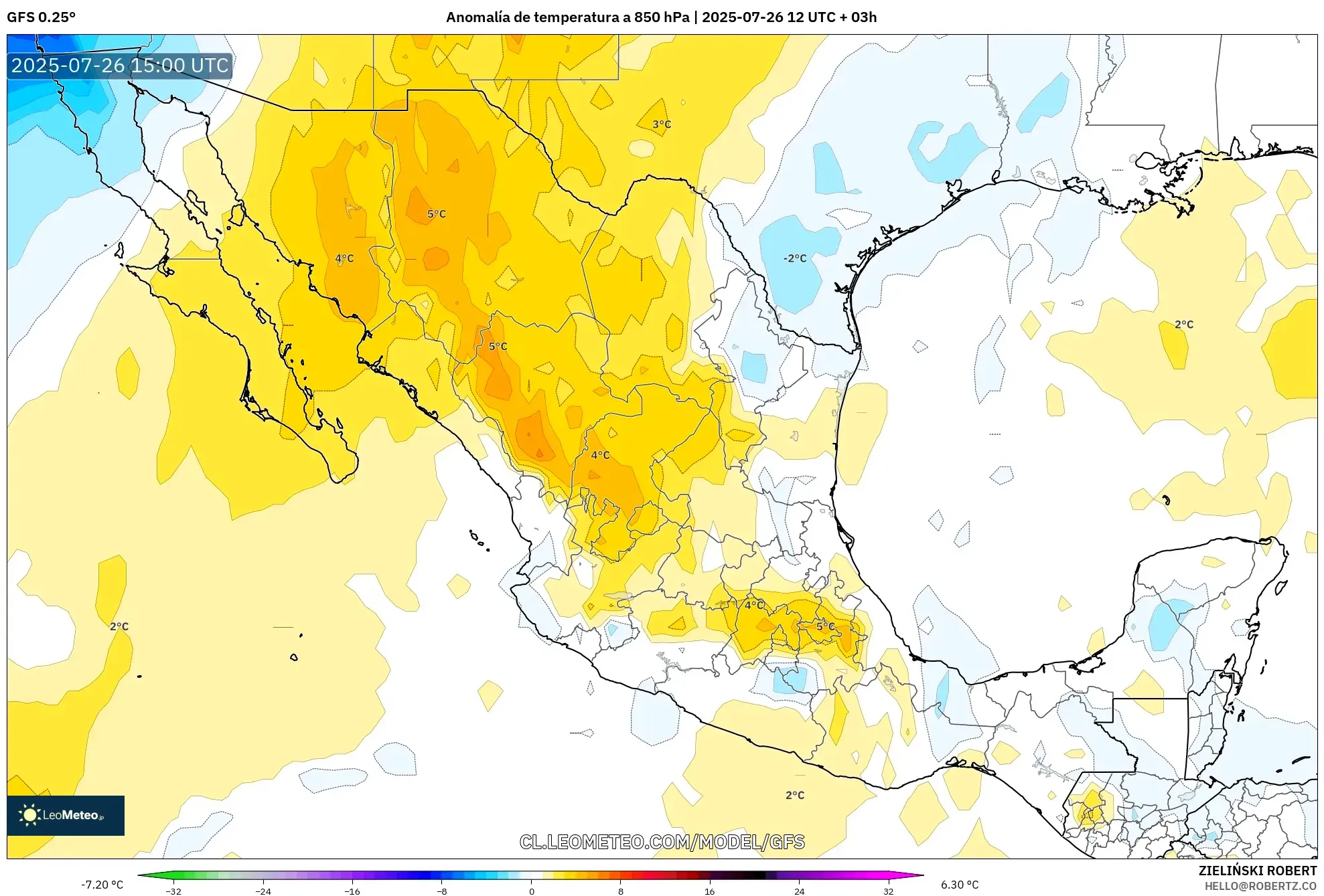 GFS model - México, Anomalía de temperatura a 850 hPa