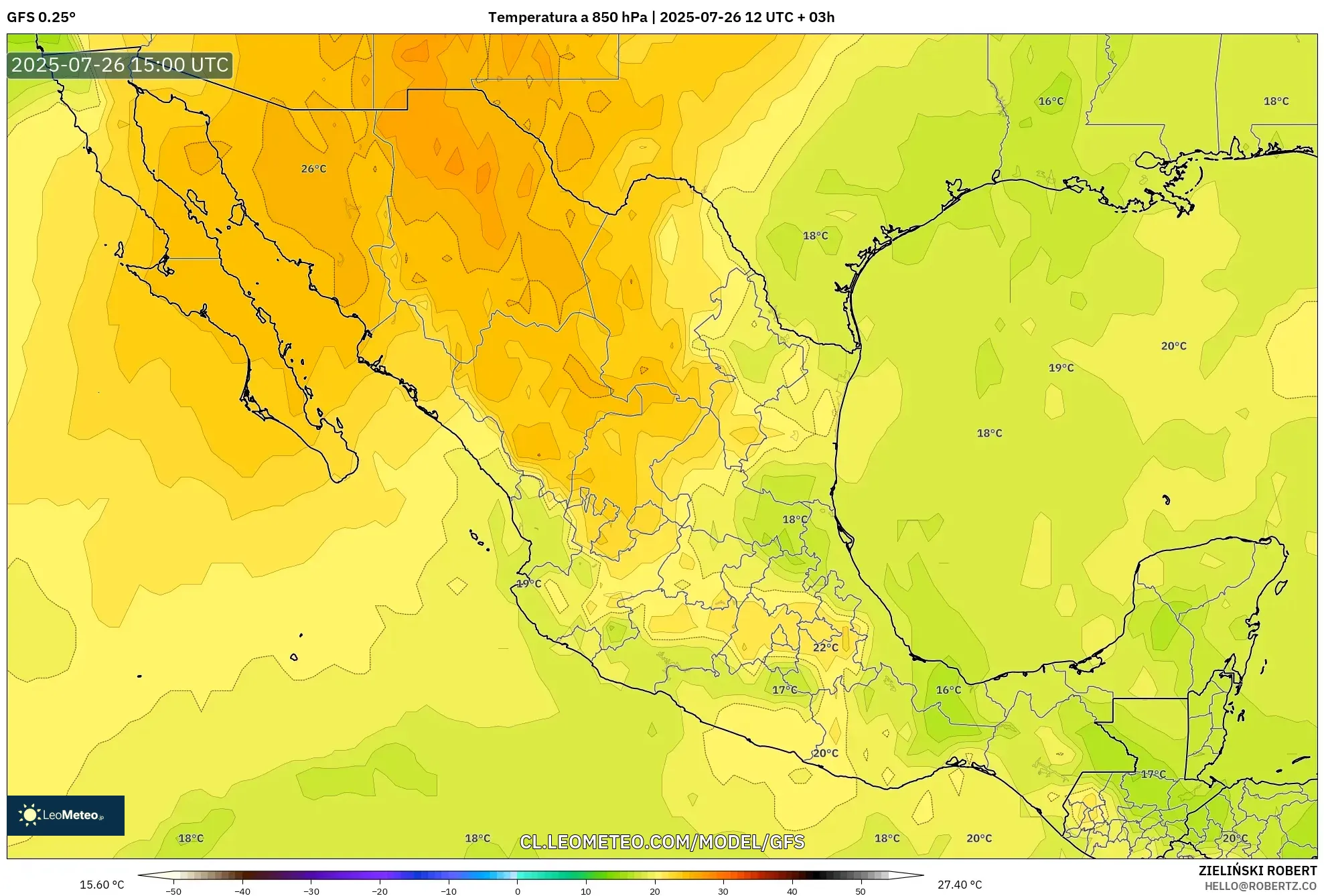 GFS model - México, Temperatura a 850 hPa