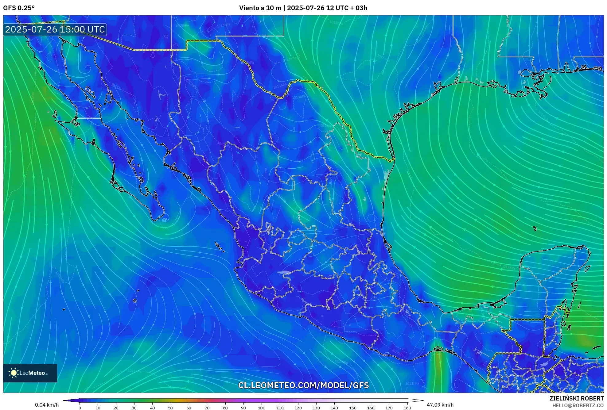 GFS model - México, Viento a 10 m