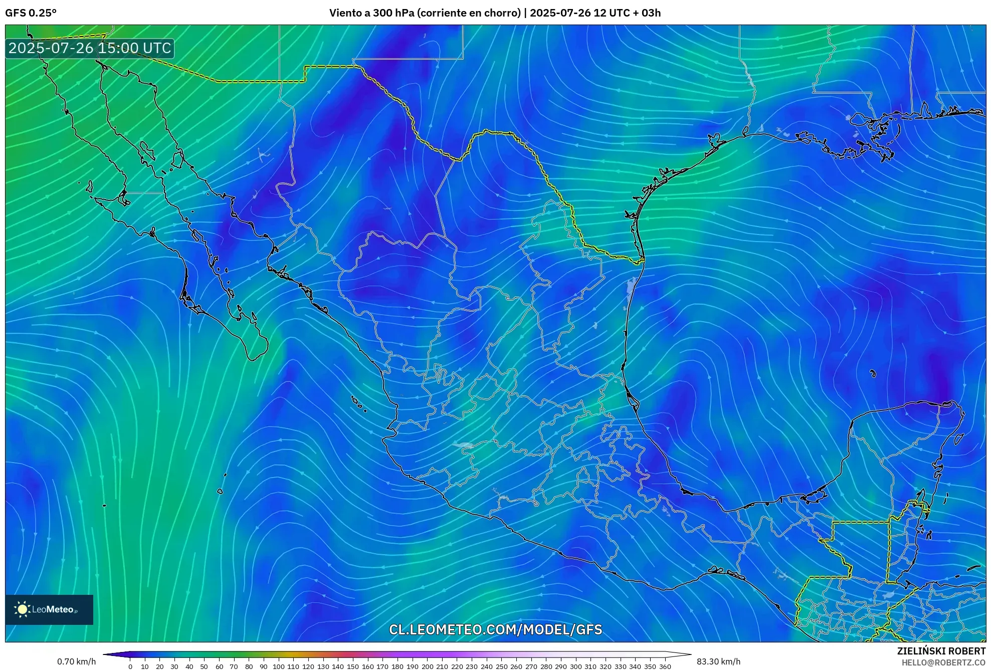 GFS model - México, Viento a 300 hPa (corriente en chorro)