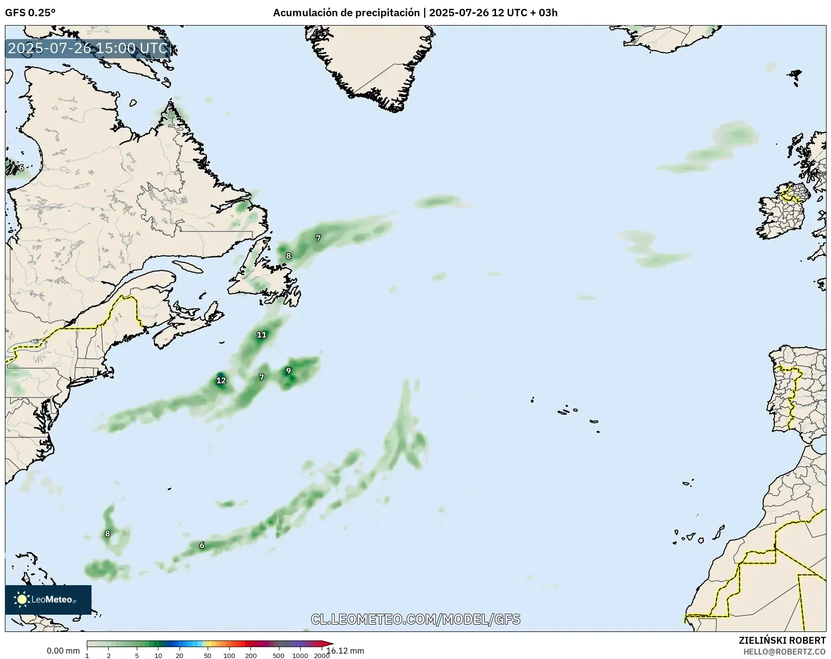 GFS model - Norte Atlántico, Acumulación de precipitación