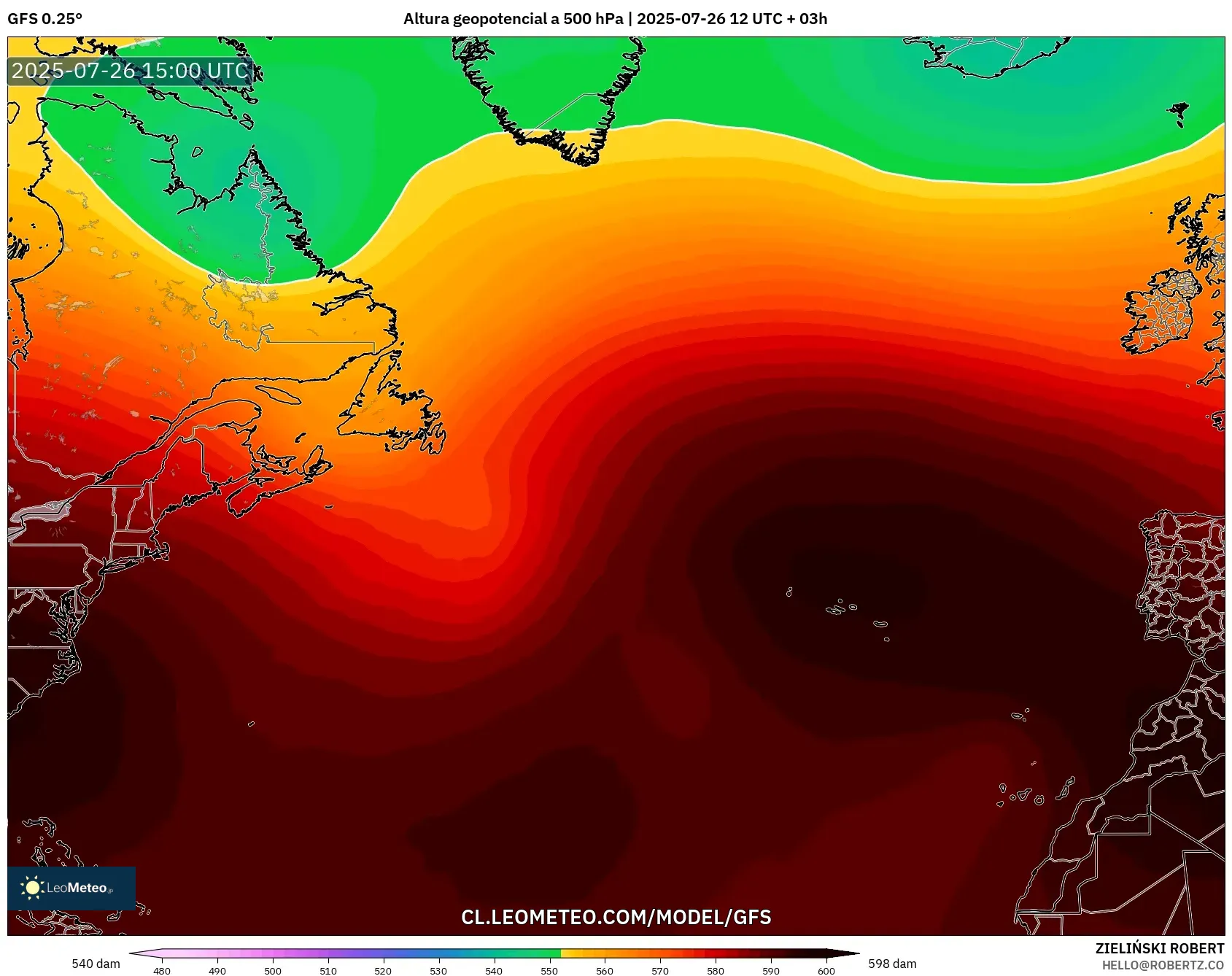 GFS model - Norte Atlántico, Altura geopotencial a 500 hPa