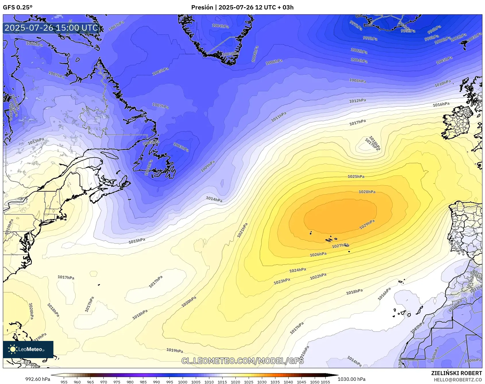 GFS model - Norte Atlántico, Presión