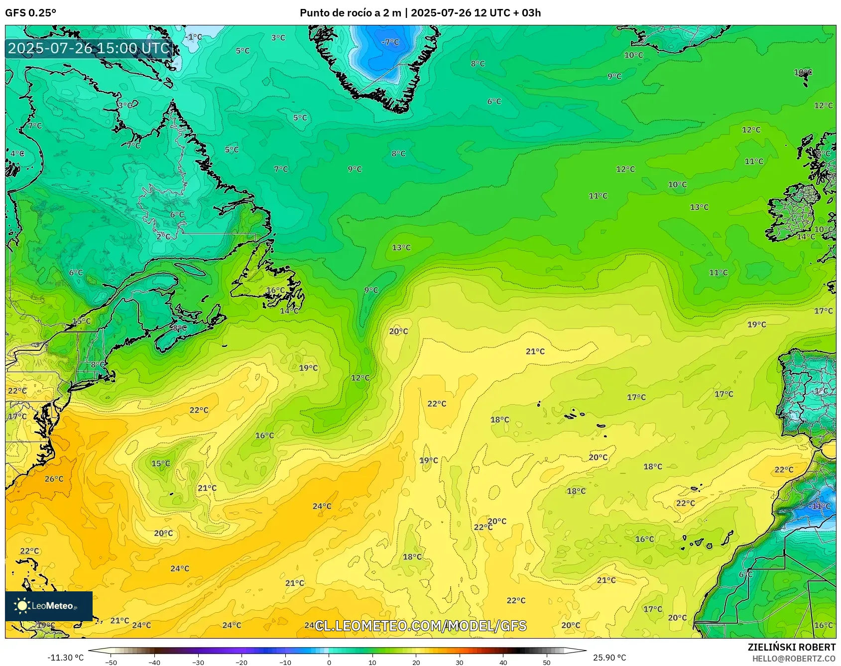 GFS model - Norte Atlántico, Punto de rocío a 2 m