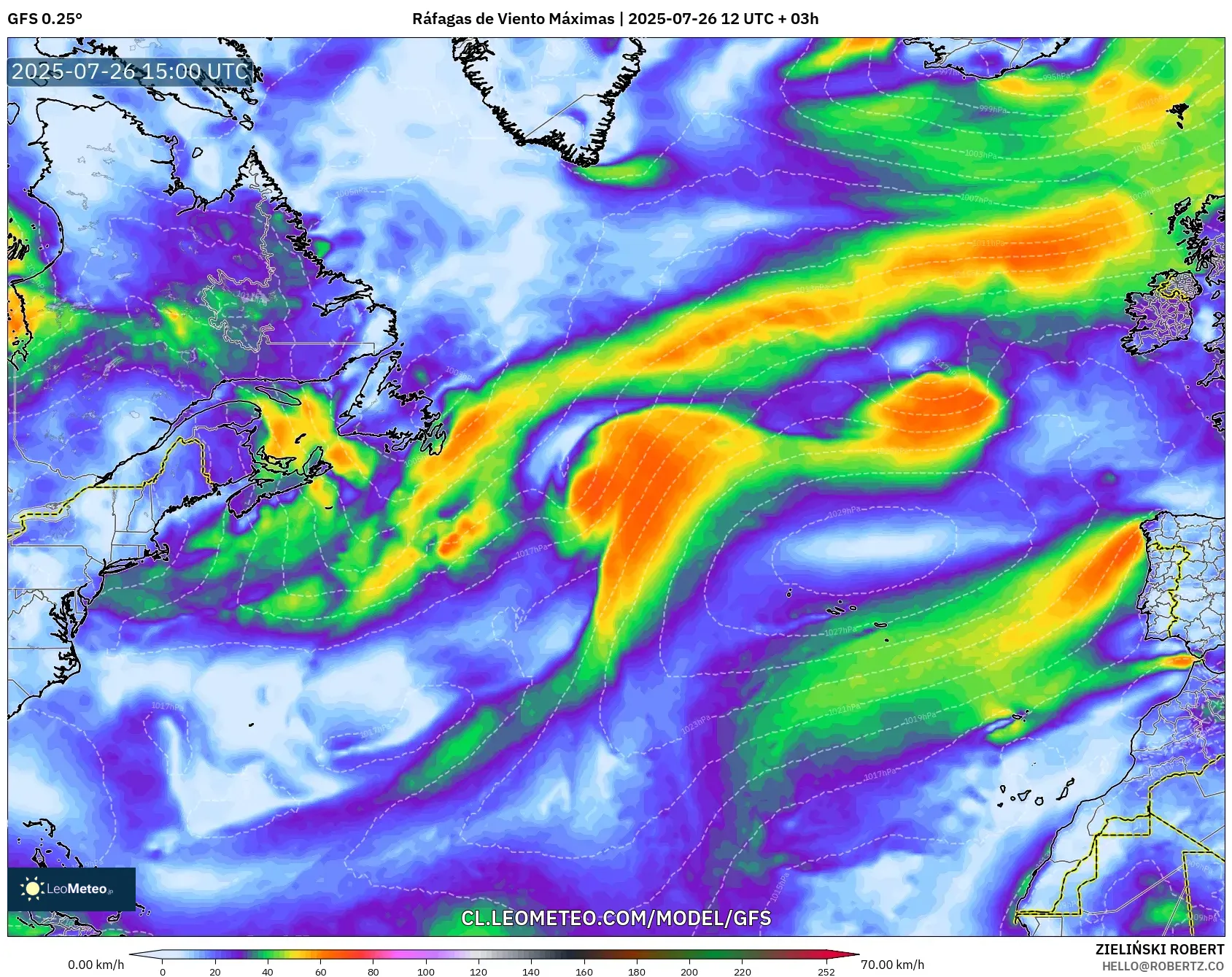 GFS model - Norte Atlántico, Ráfagas de Viento Máximas