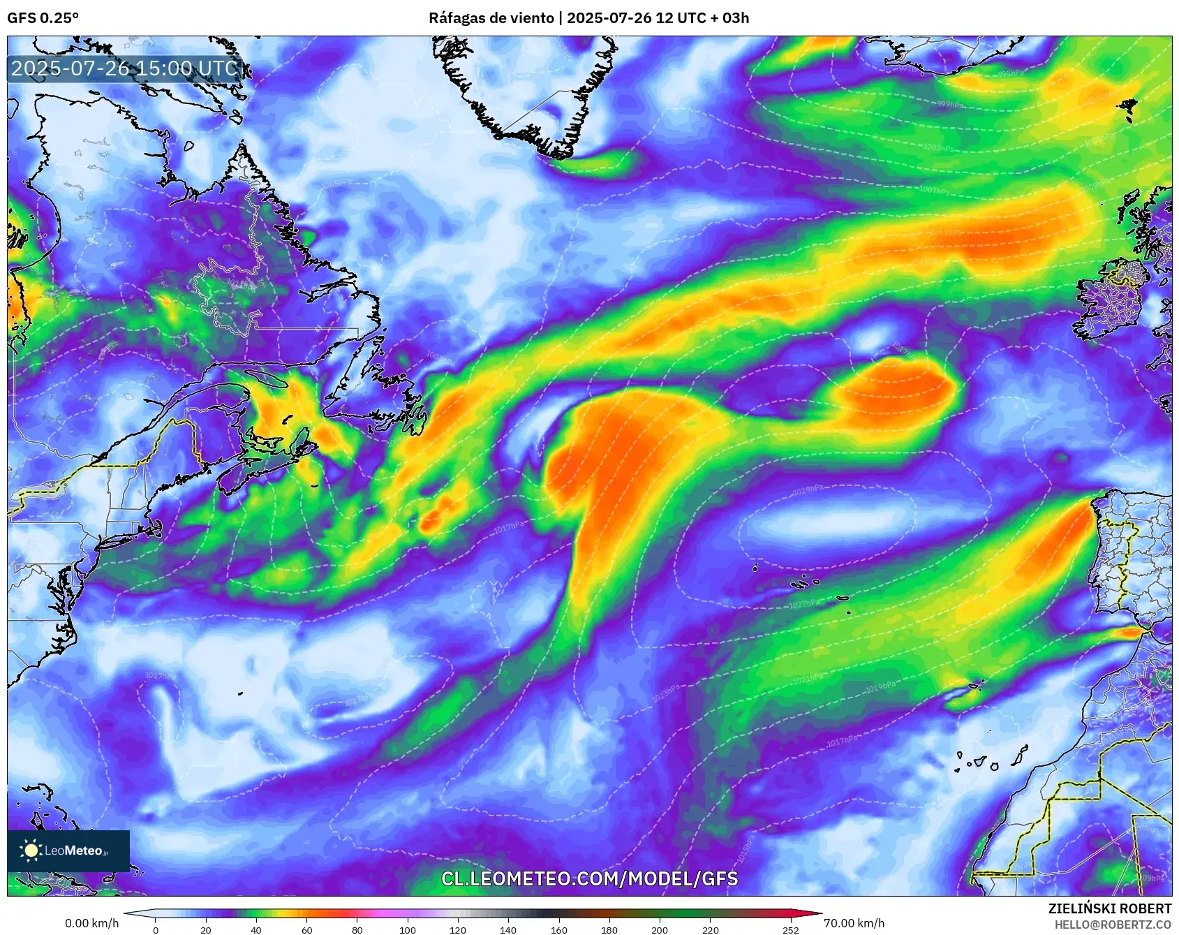 GFS model - Norte Atlántico, Ráfagas de viento